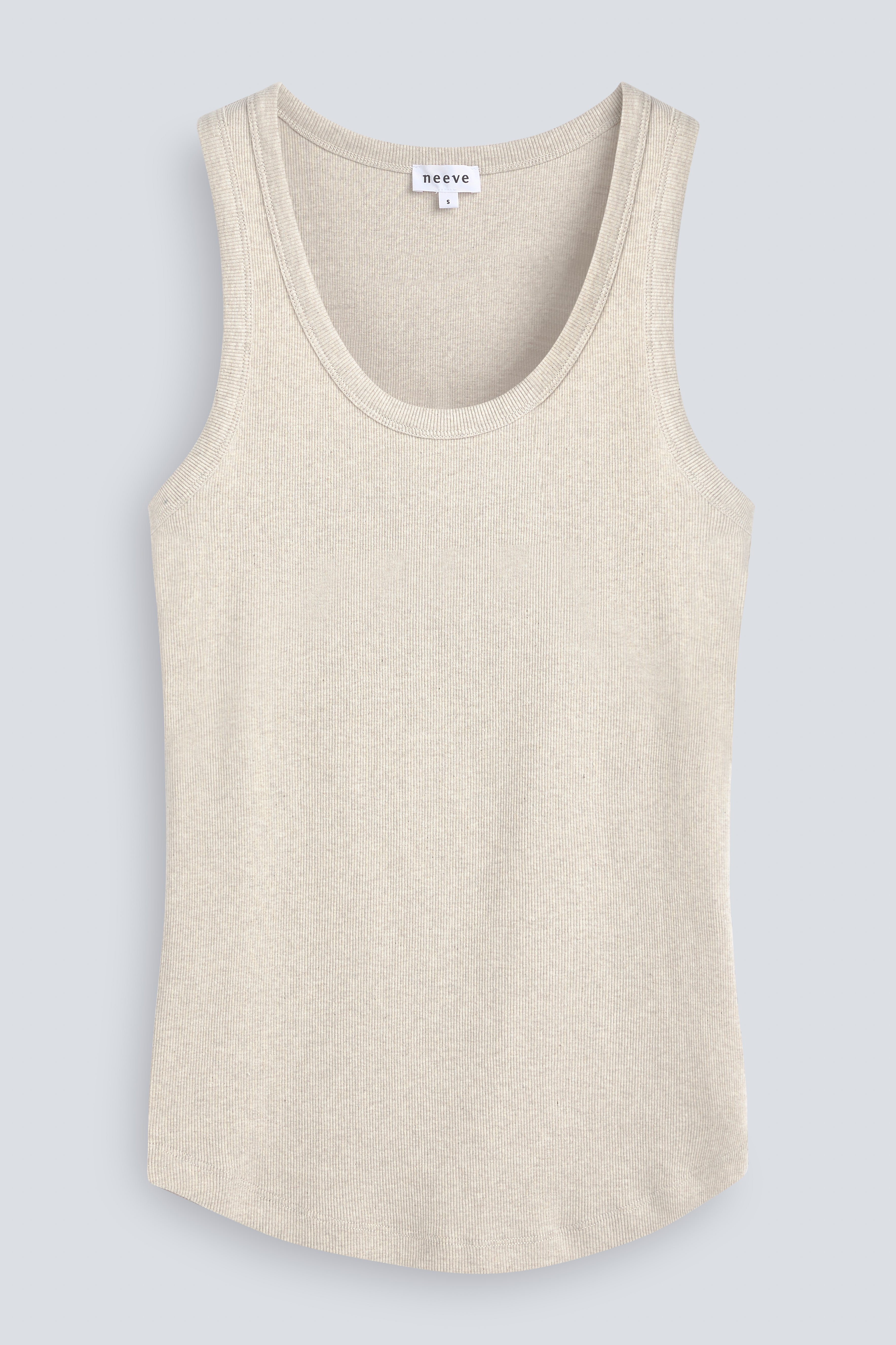 The Josie organic cotton tank top in beige melange, front view. GOTS-certified