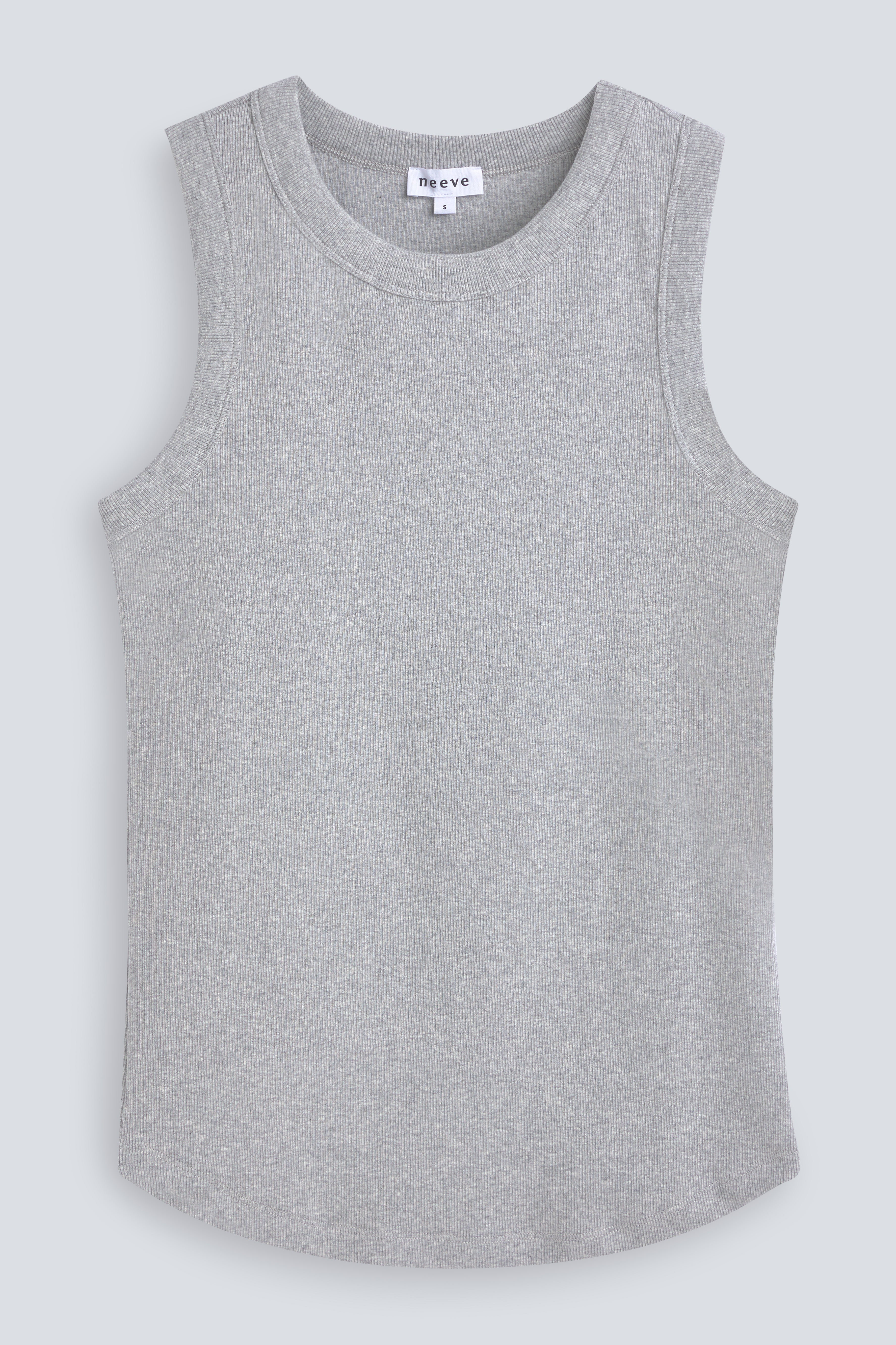 The Rania tank top in grey melange, front view,  GOTS-certified organic cotton, designed with a skimming fit. 