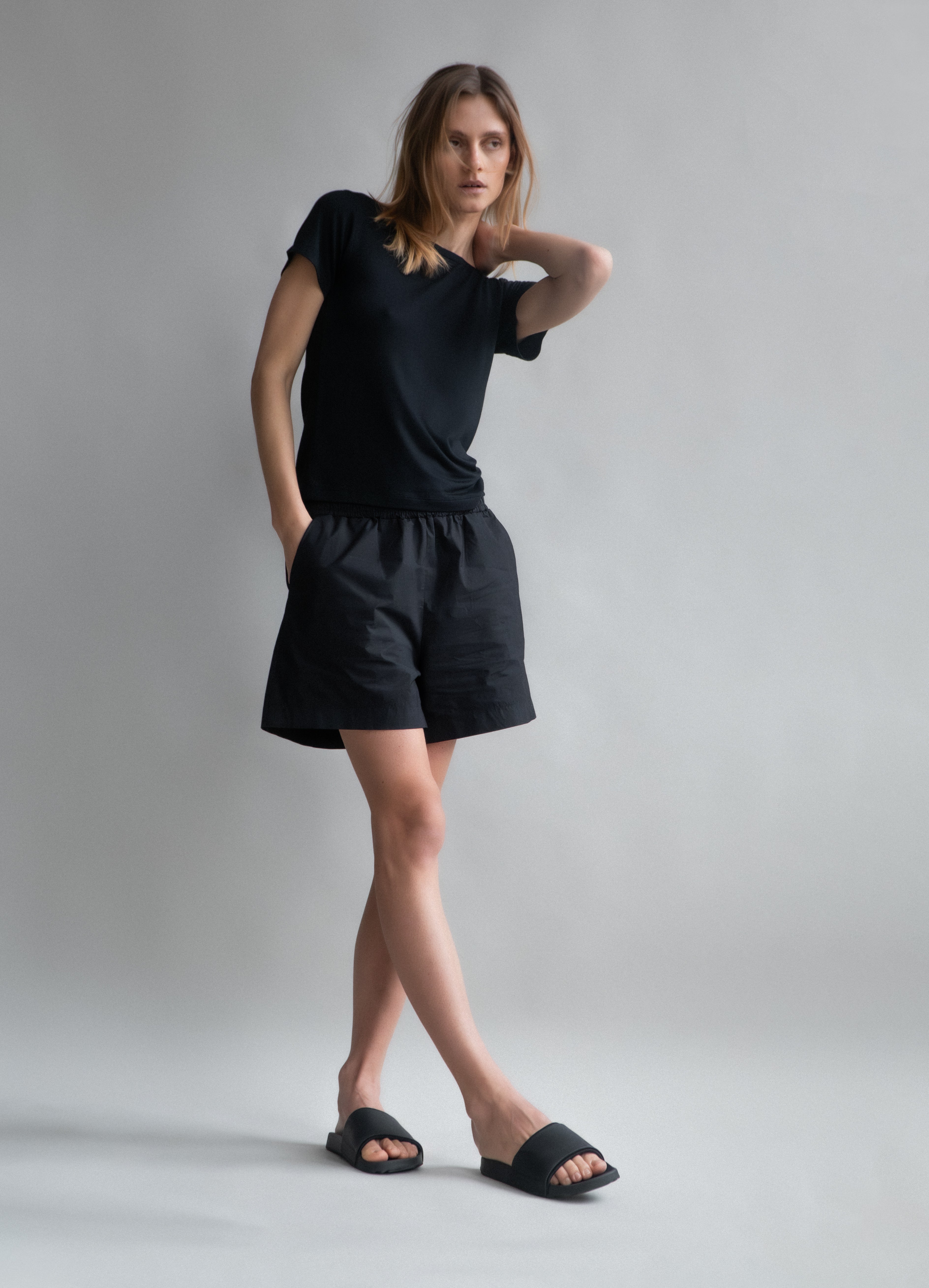 The Lux in Essential Black. 97% pima cotton with 3% elastane. Shown on model. 