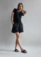 The Lux in Essential Black. 97% pima cotton with 3% elastane. Shown on model. 