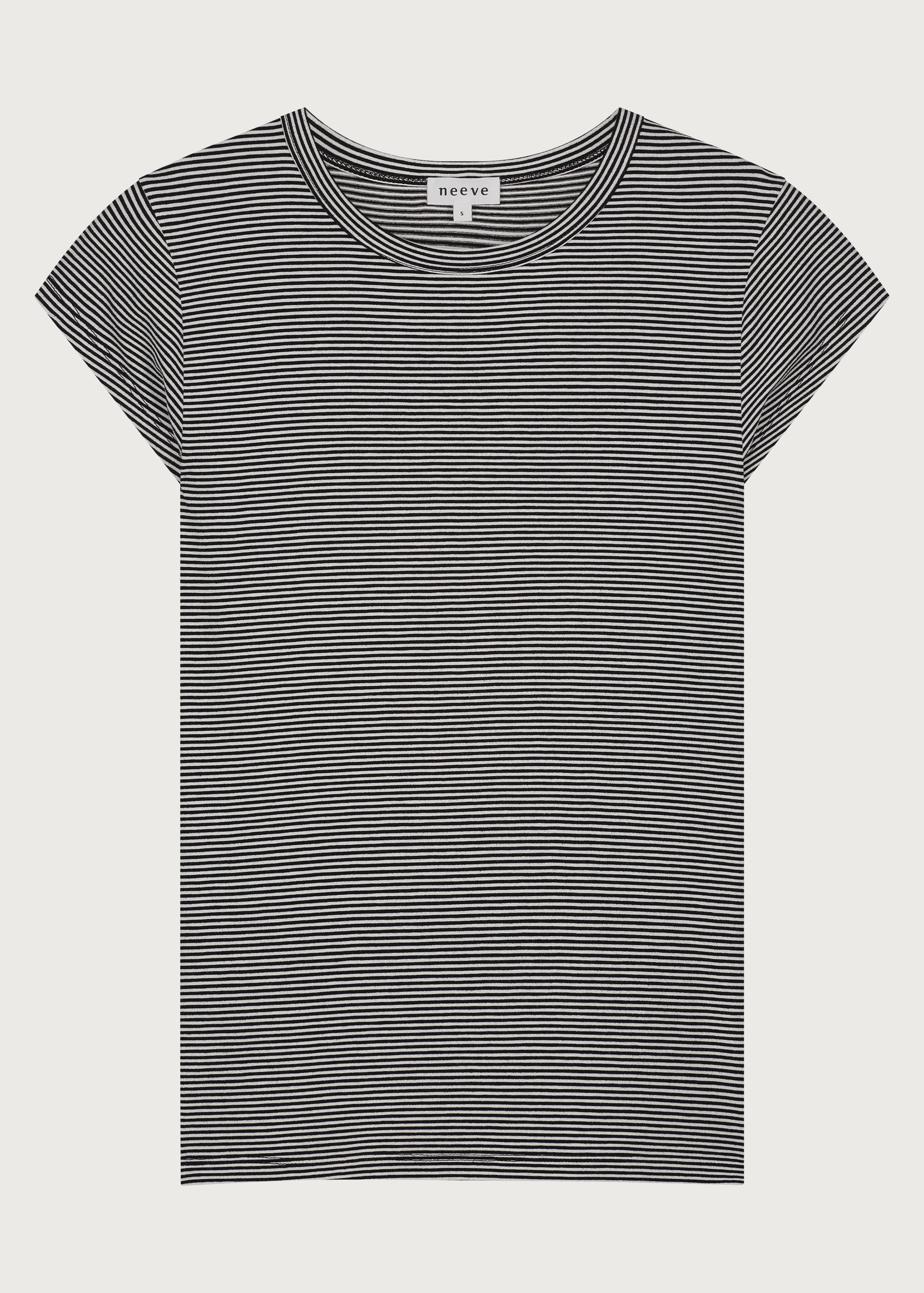 The Carmen striped baby tee front view, capped sleeves, 97% Ecovero viscose