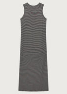 The Dylan dress in black and off-white stripes, back view, sustainable Ecovero fabric made in Portugal