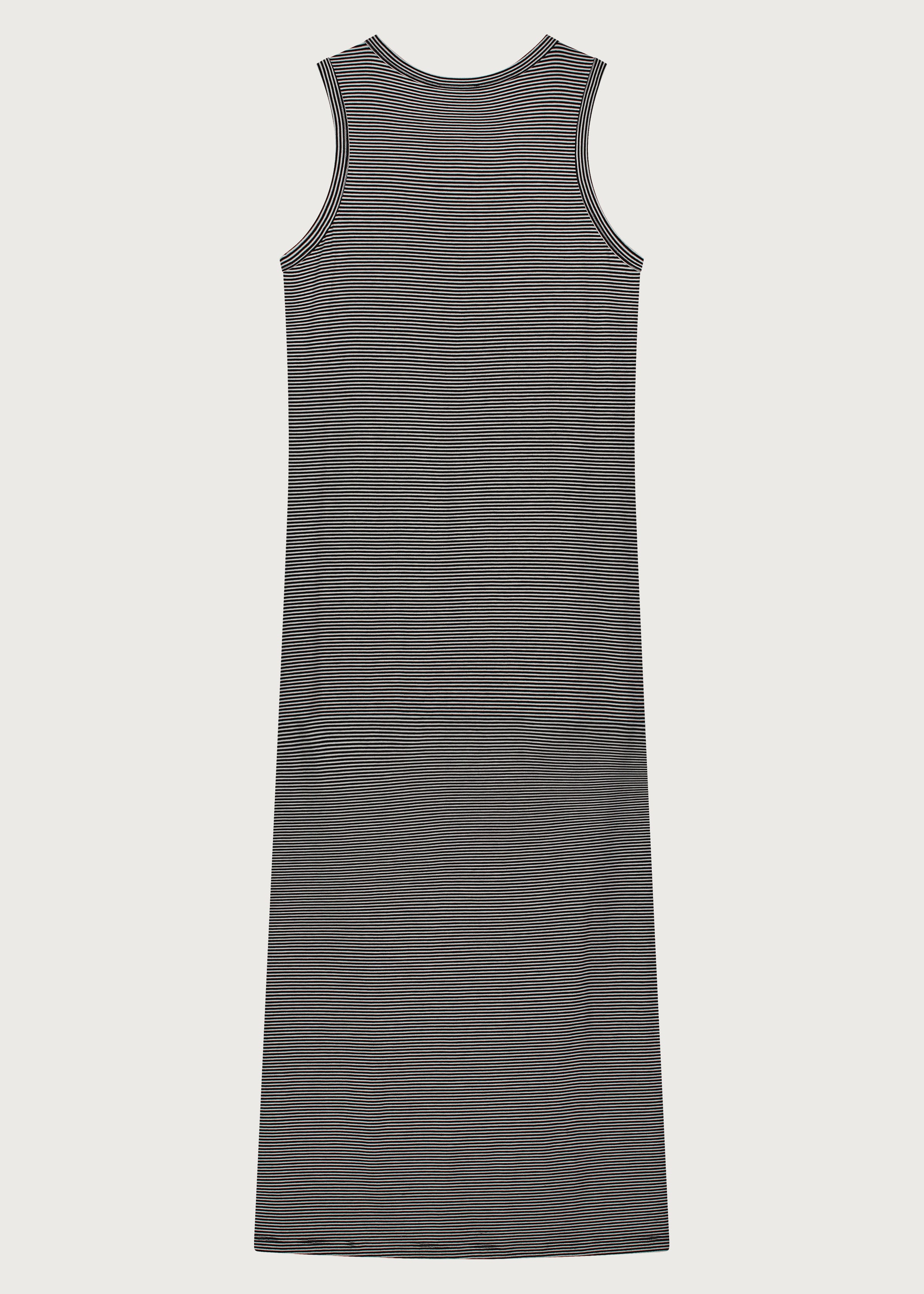 The Dylan dress in black and off-white stripes, back view, sustainable Ecovero fabric made in Portugal