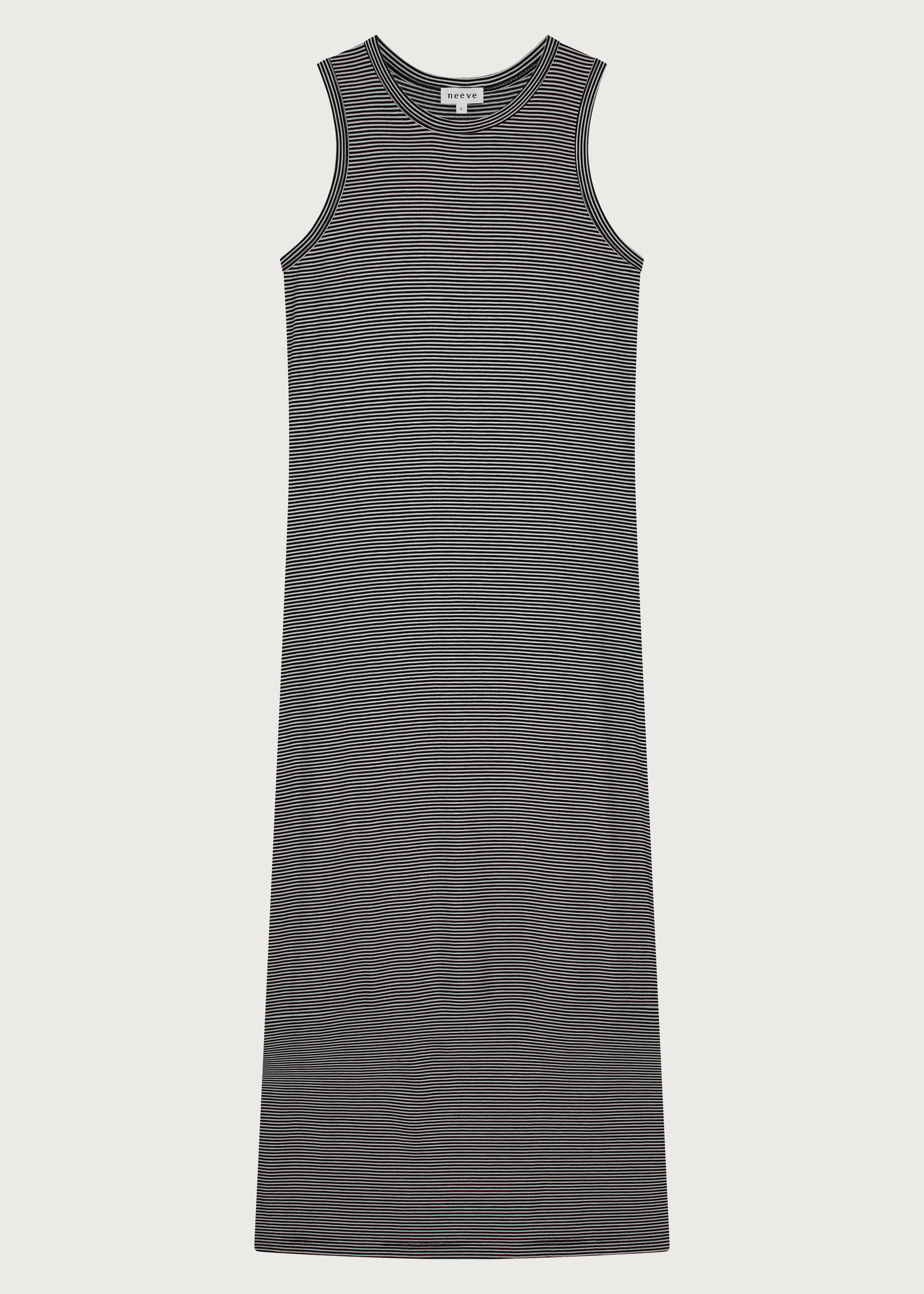 The Dylan striped dress front view, form-fitting silhouette, 97% Ecovero viscose