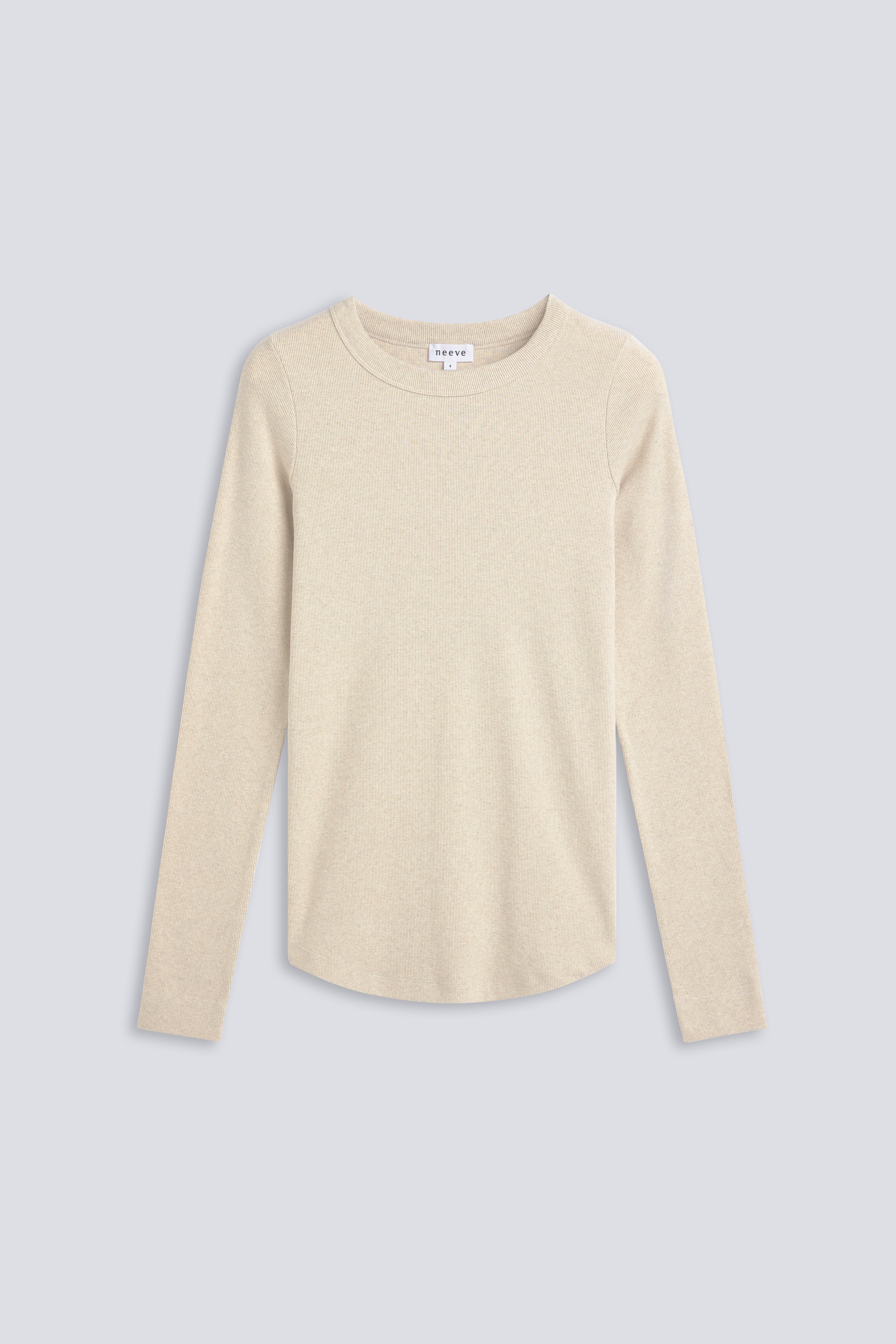 The Ella in Beige Melange. Crew-neck long sleeve. 95% organic cotton with 5% elastane. Front view.