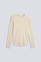 The Ella in Beige Melange. Crew-neck long sleeve. 95% organic cotton with 5% elastane. Front view.