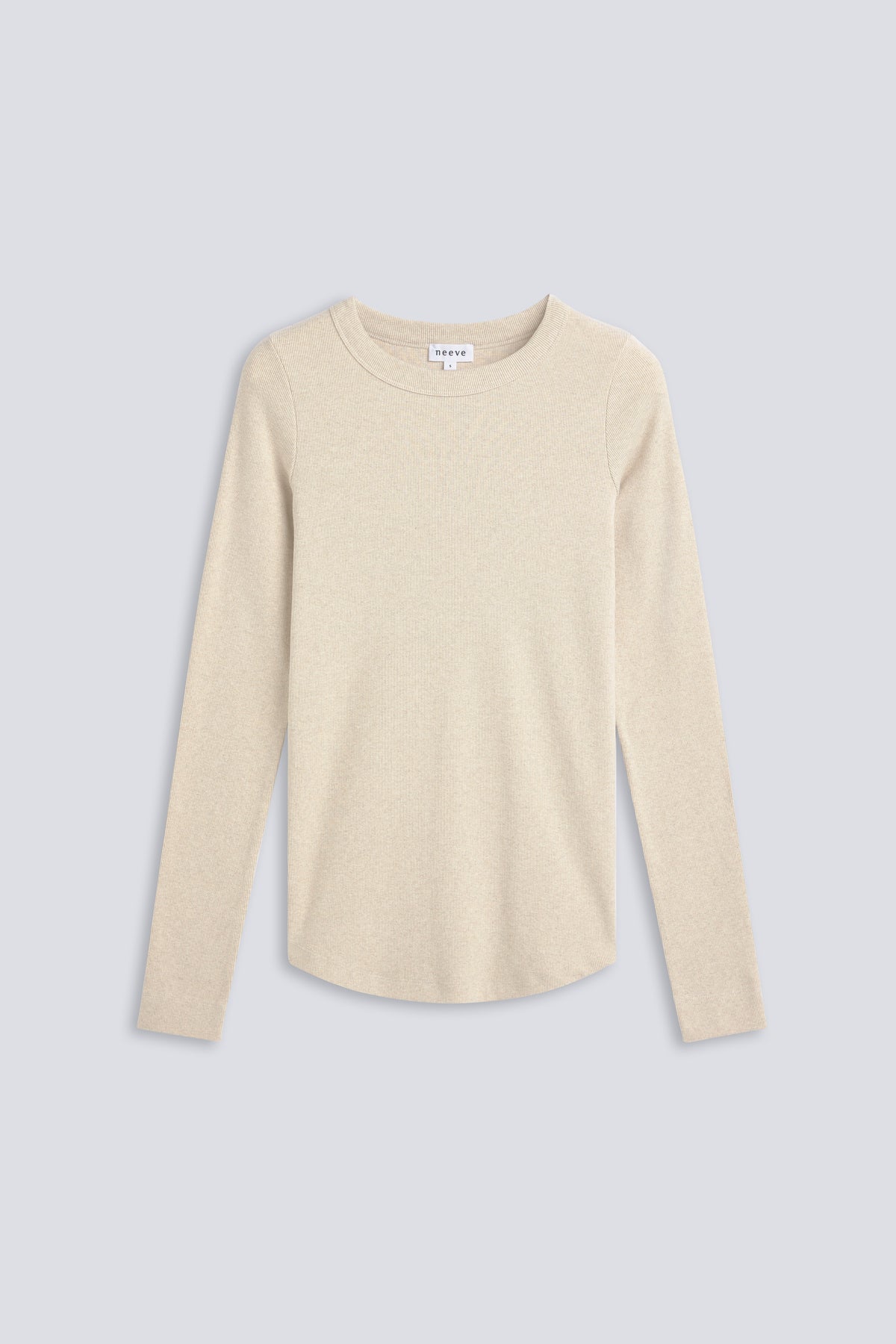 The Ella in Beige Melange. Crew-neck long sleeve. 95% organic cotton with 5% elastane. Front view.