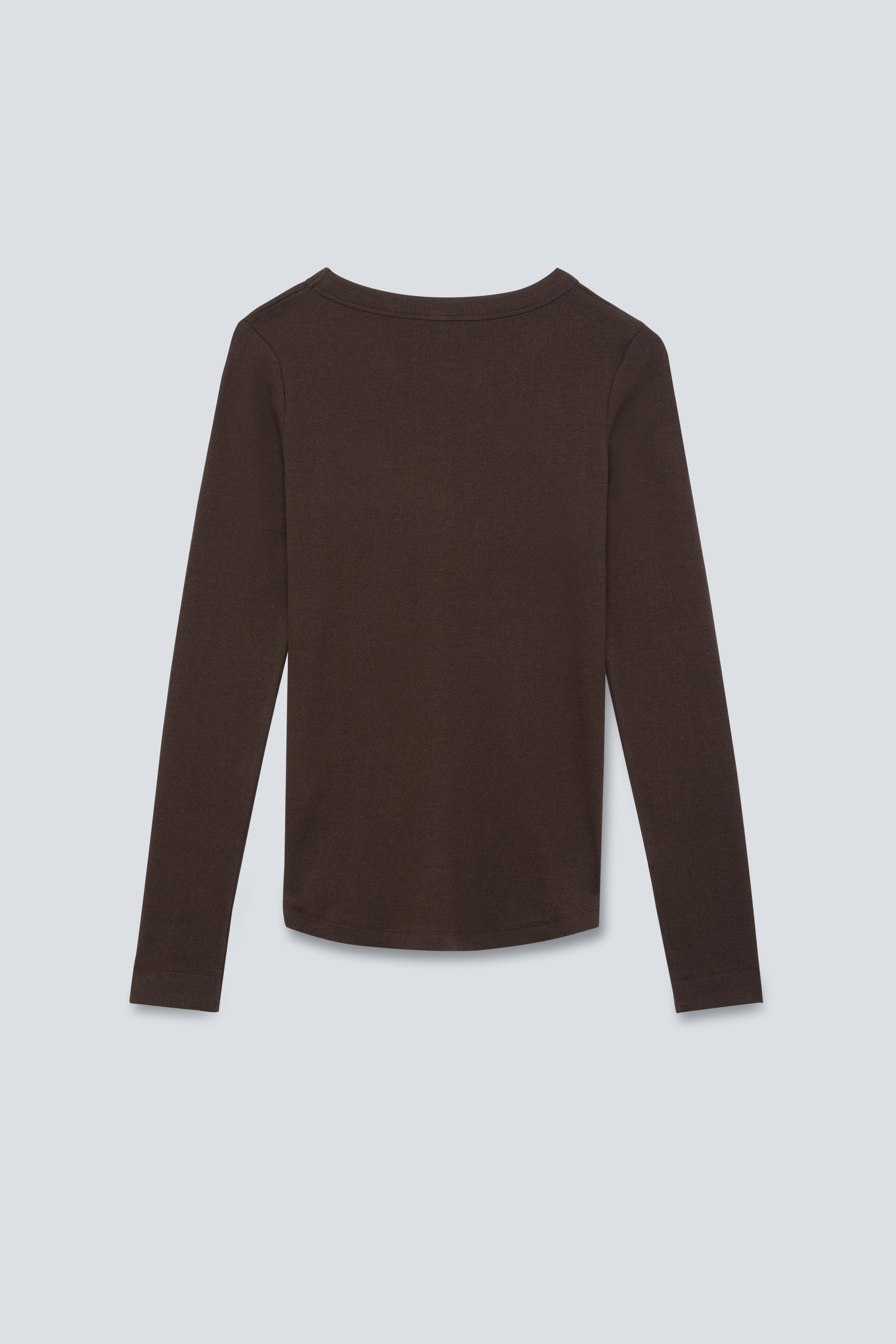 The Ella in Chocolate Melange. Crew-neck long sleeve. 95% organic cotton with 5% elastane. Back view. GOTS