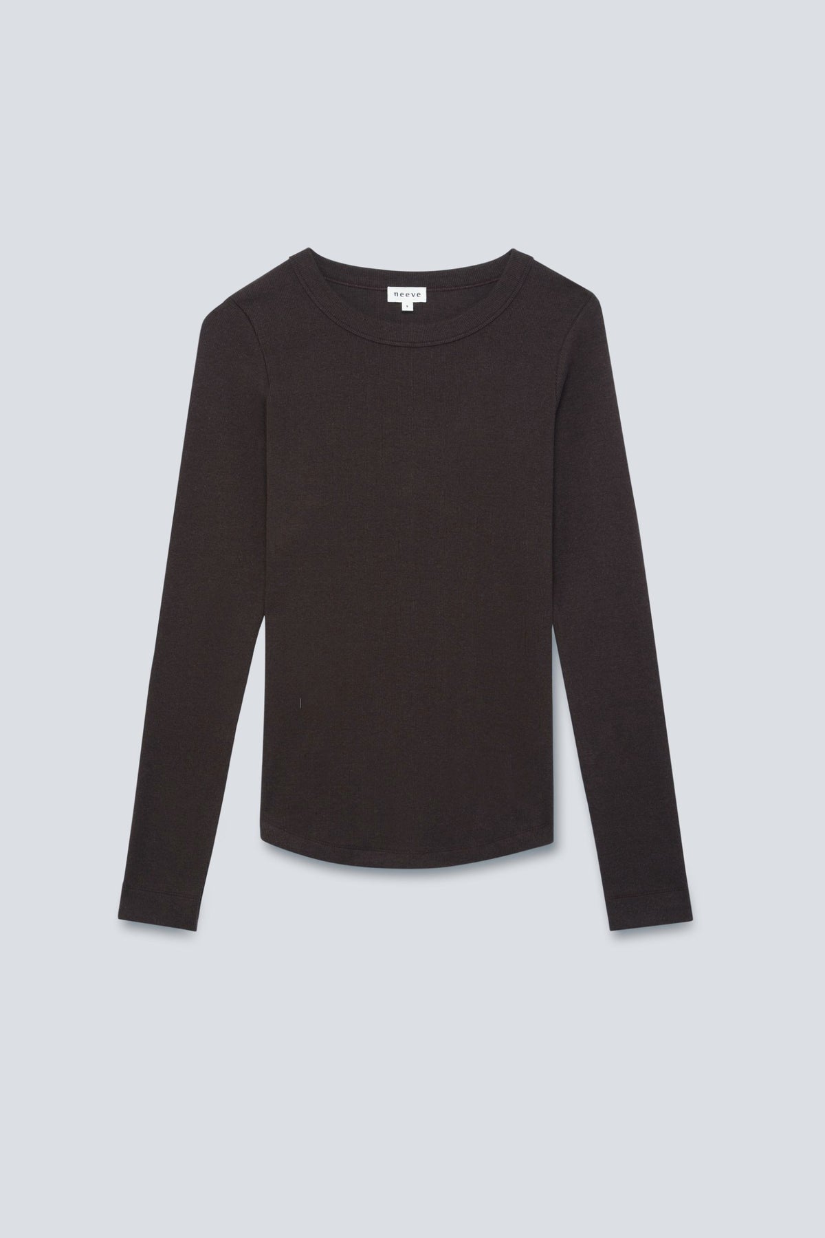 The Ella in Chocolate Melange. Crew-neck long sleeve. 95% organic cotton with 5% elastane. Front view.