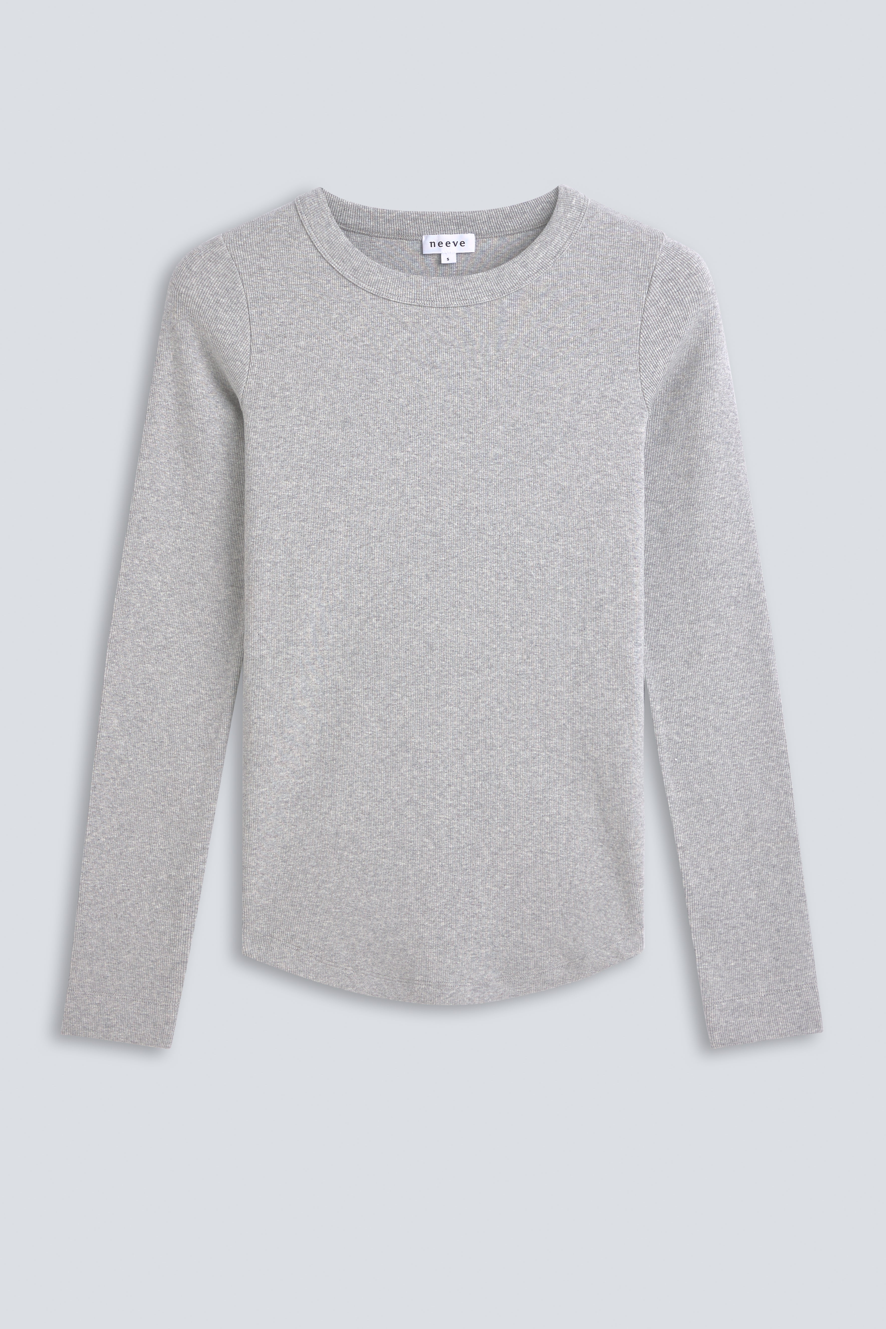 The Ella in Grey Melang. Crew-neck long sleeve. 95% organic cotton with 5% elastane. Front view. GOTS