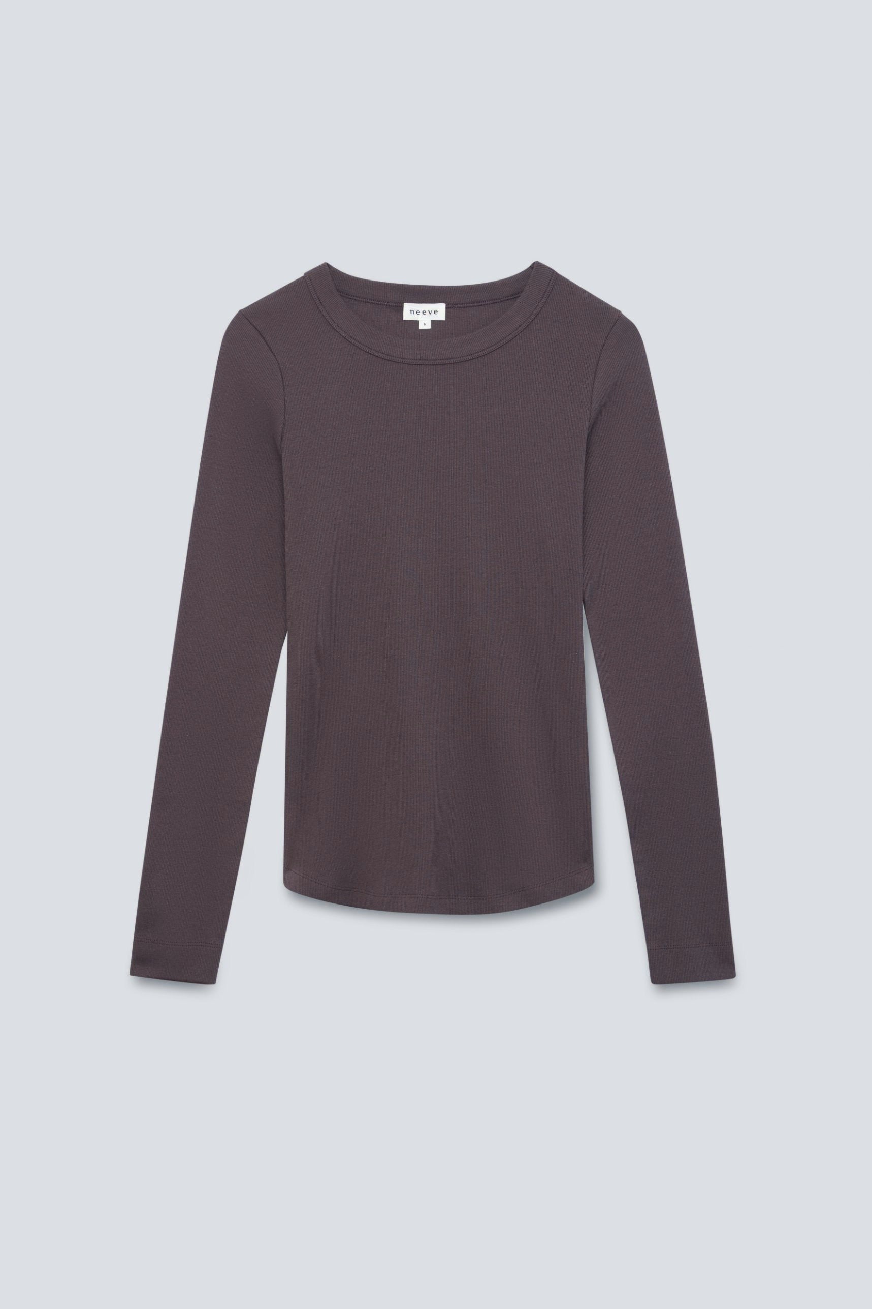 The Ella in Plum. Crew-neck long sleeve. 95% organic cotton with 5% elastane. Front view.