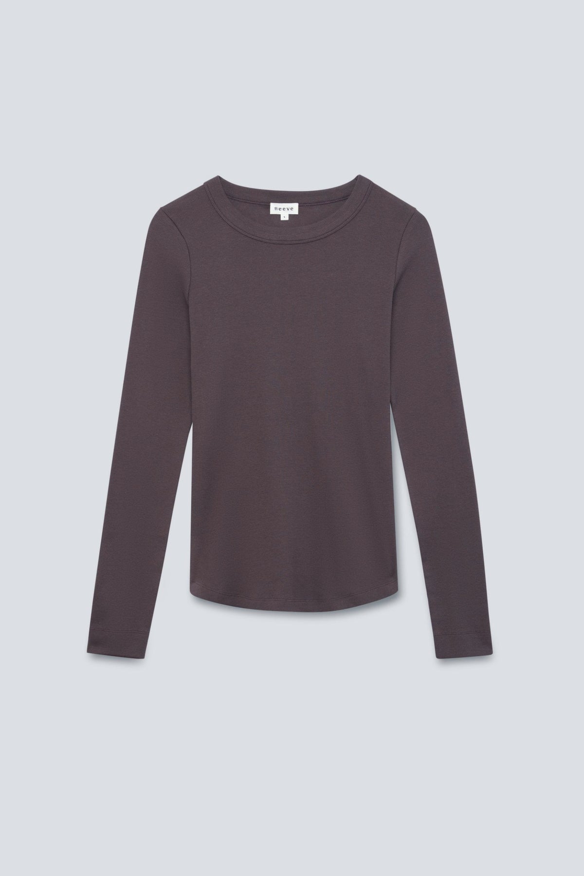 The Ella in Plum. Crew-neck long sleeve. 95% organic cotton with 5% elastane. Front view.