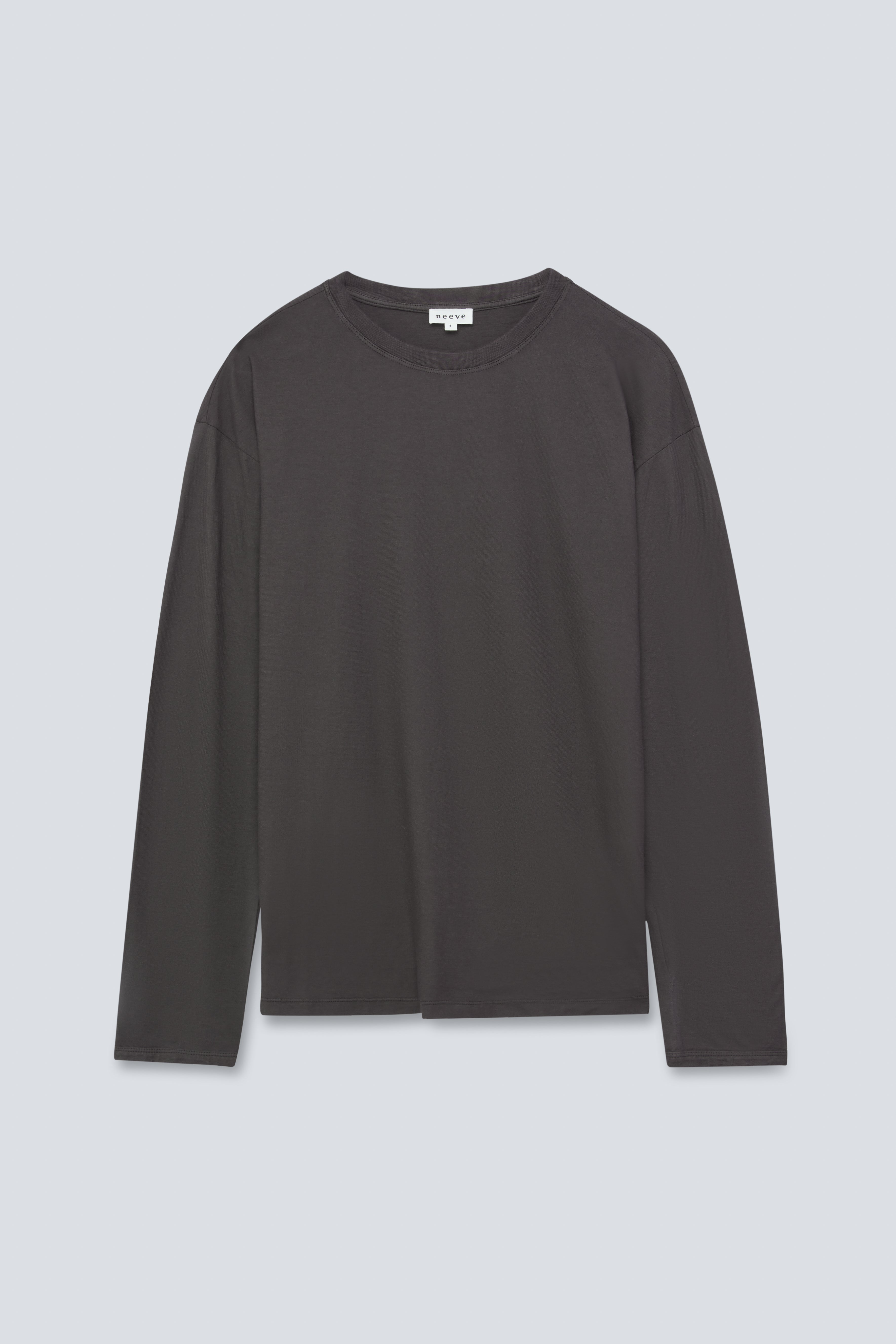The Emily in Pitch Black. Organic cotton long sleeve, 140 grams. GOTS. Front view. 