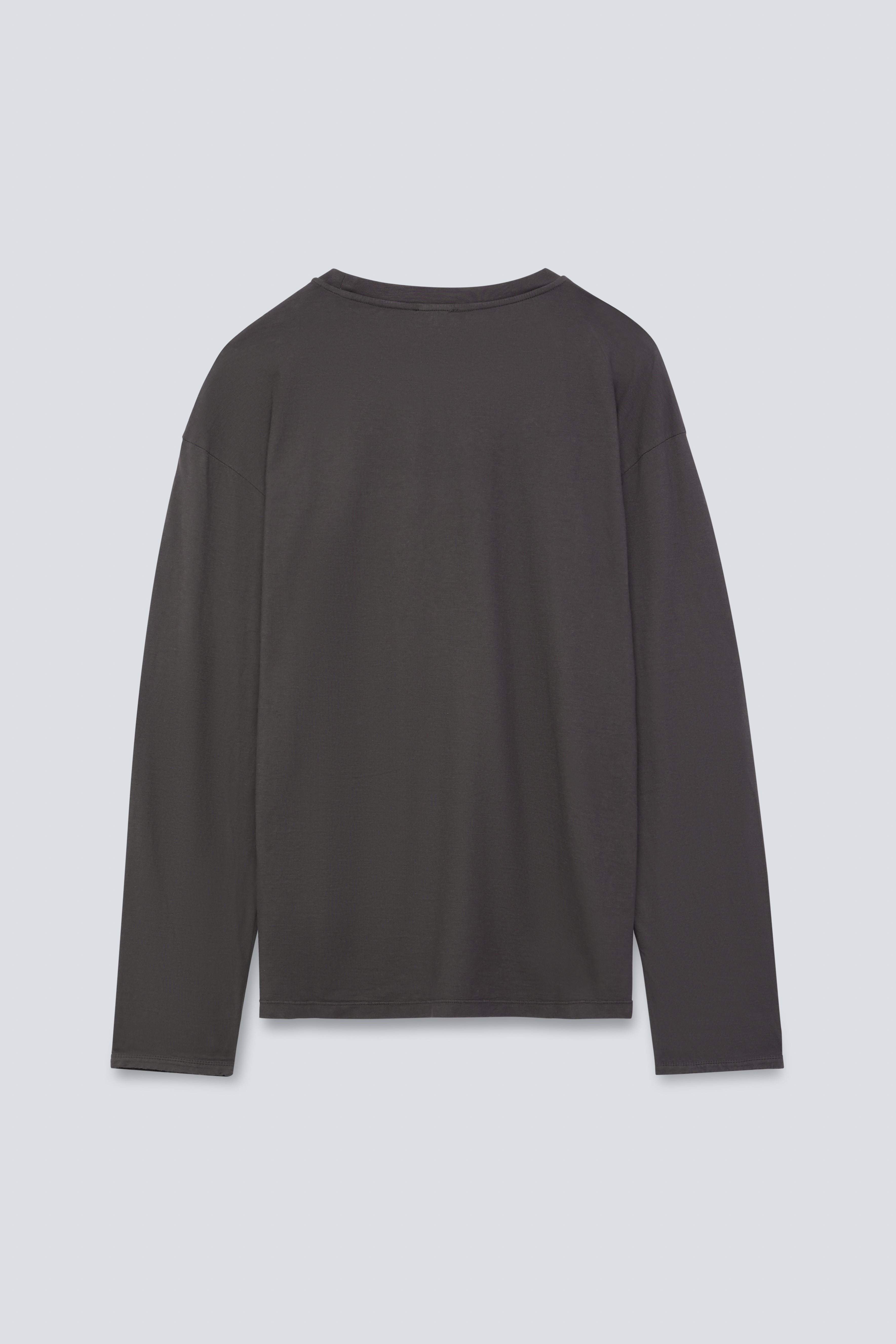 The Emily in Pitch Black. Organic cotton long sleeve, 140 grams. GOTS. Back view. 