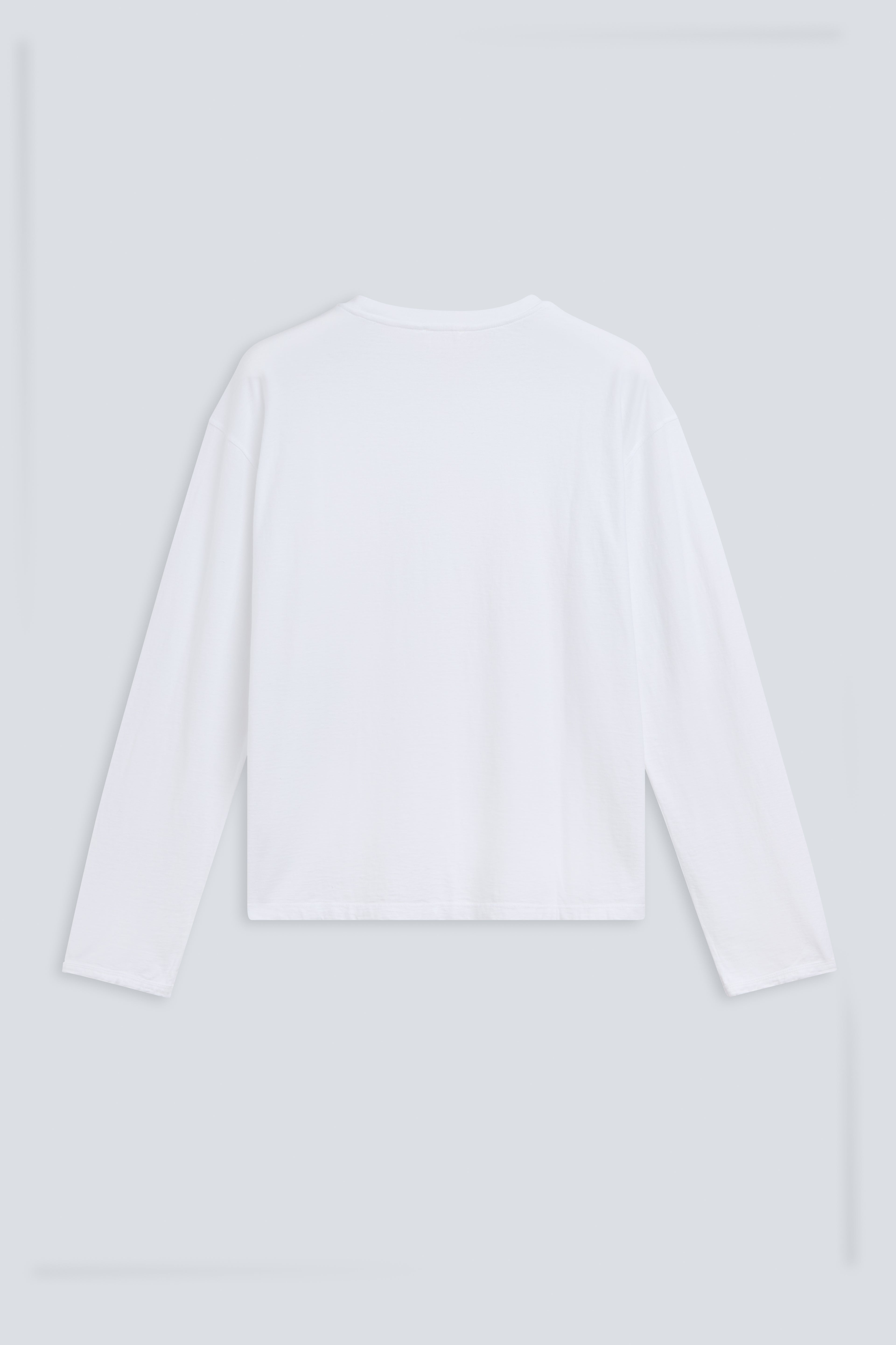 The Emily in Crispy White. Organic cotton long sleeve, 140 grams. GOTS. Back view. 