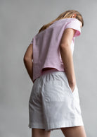The Jill in Rose Pink. Shown on model. Back view. 180 grams organic cotton. GOTS certified. 