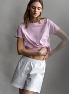 The Jill in Rose Pink. Shown on model. 
180 grams organic cotton. GOTS certified. 