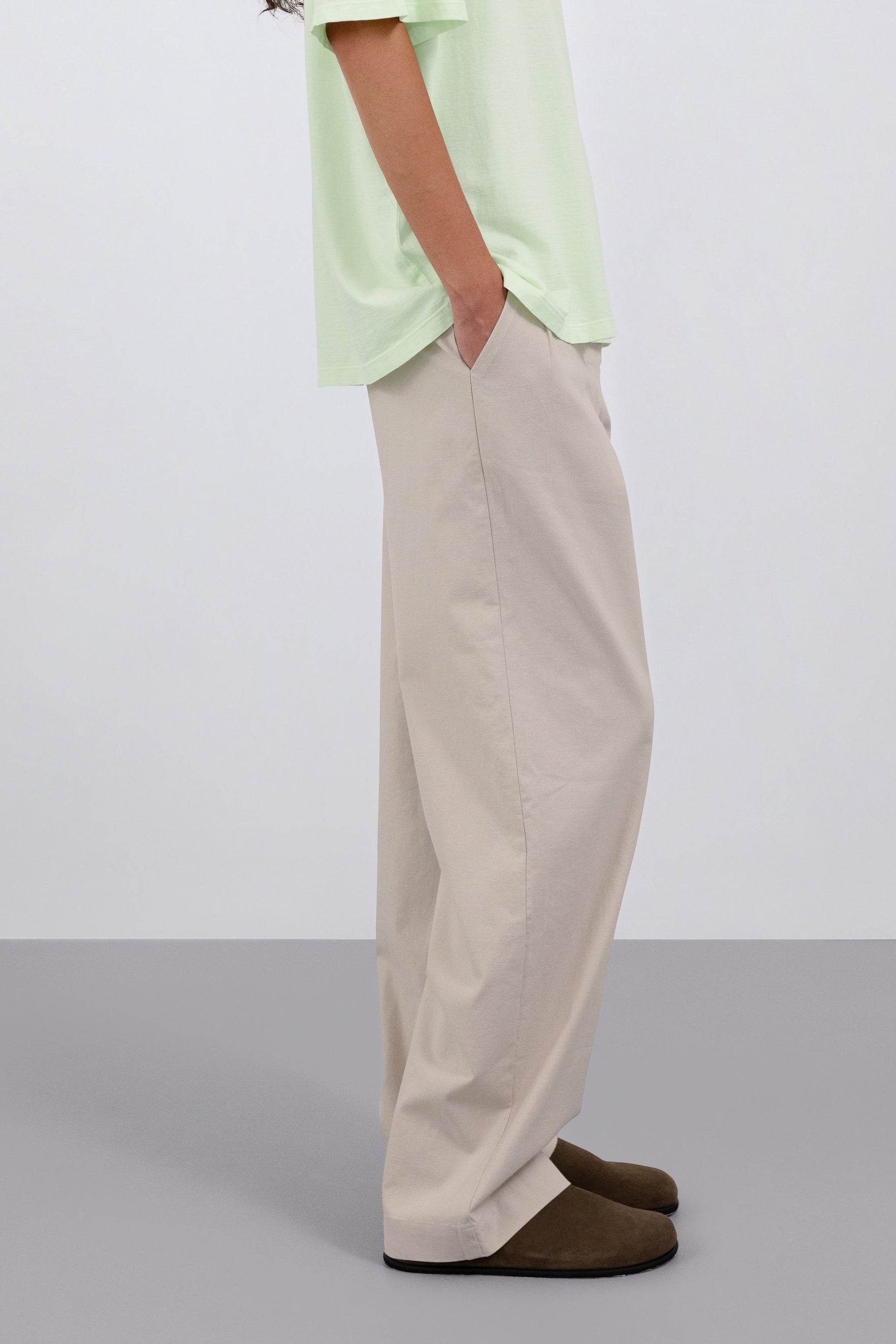 The Alex in Beige. 50% linen with 48% cotton with 2% elastane. Shown on model with The Lara in Lime. 