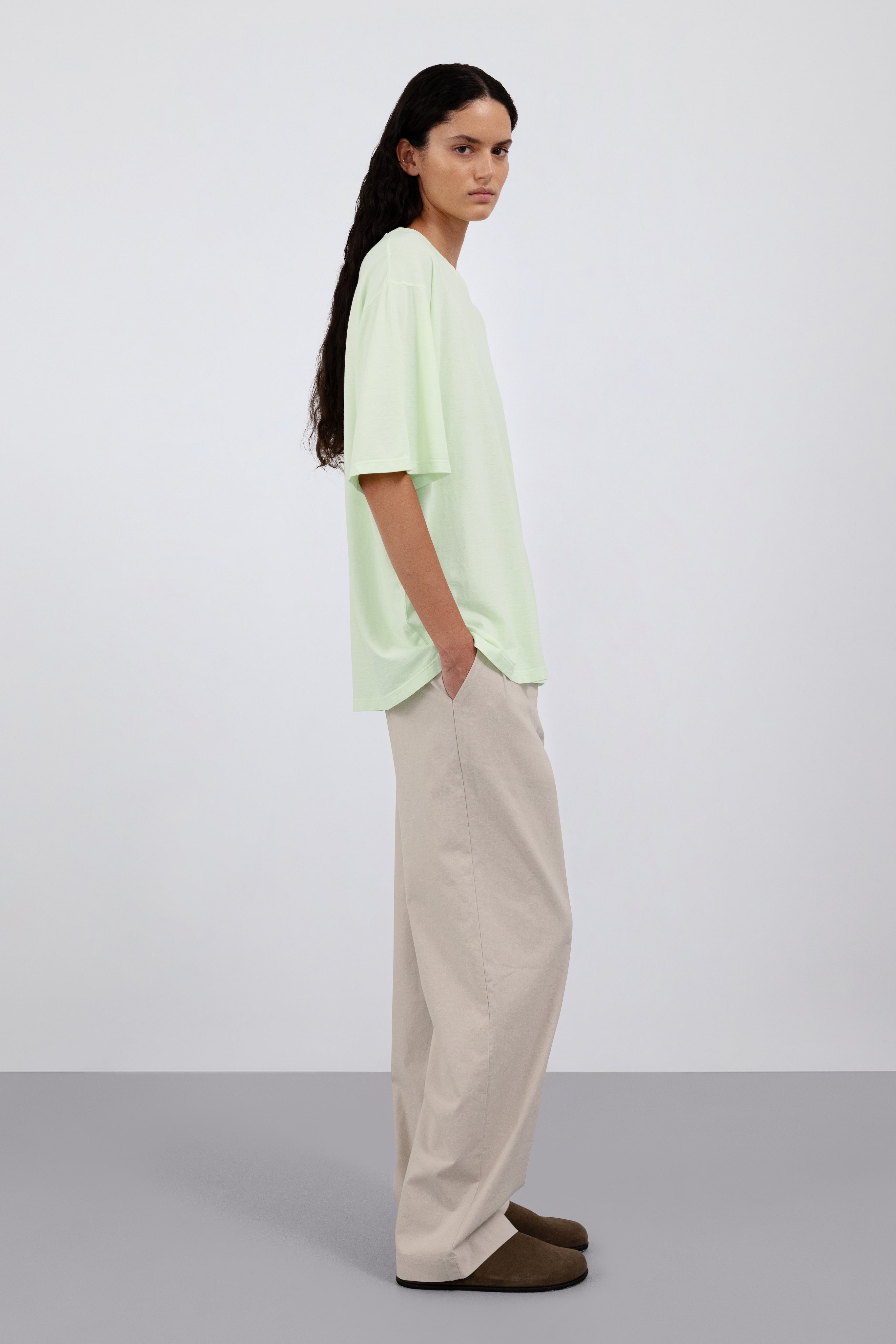 The Alex in Beige. 50% linen with 48% cotton with 2% elastane. Shown on model with The Lara in Lime. 