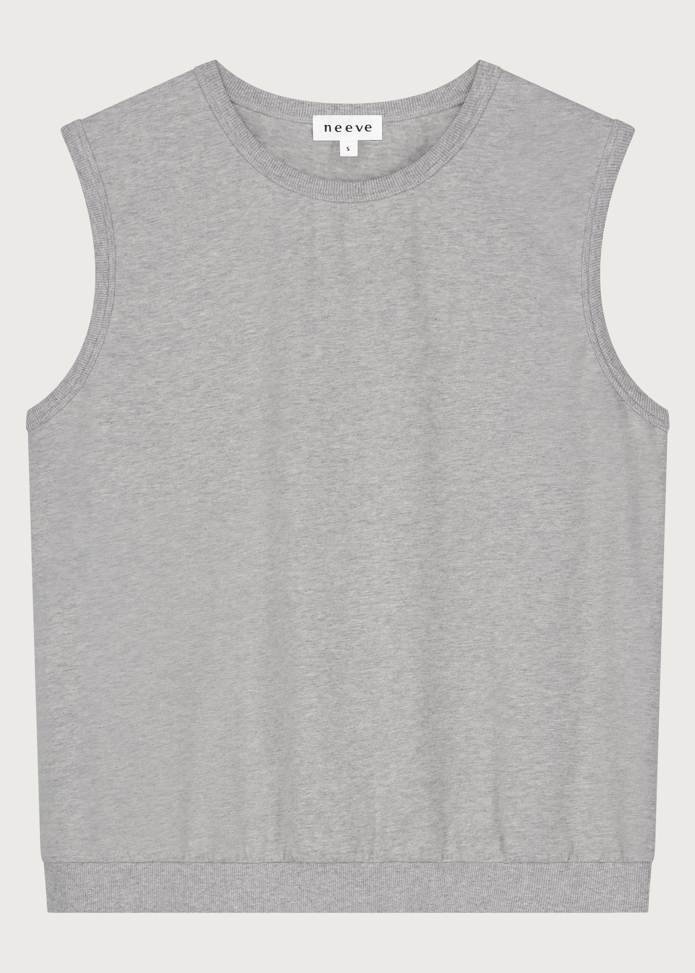 The Noémi grey melange tank front view, 180g organic cotton made in Portugal