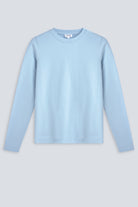 The Nora in Blue Fog. Front view. Body-skimming fit. Made in Portugal, 95% organic cotton with 5% elastane.