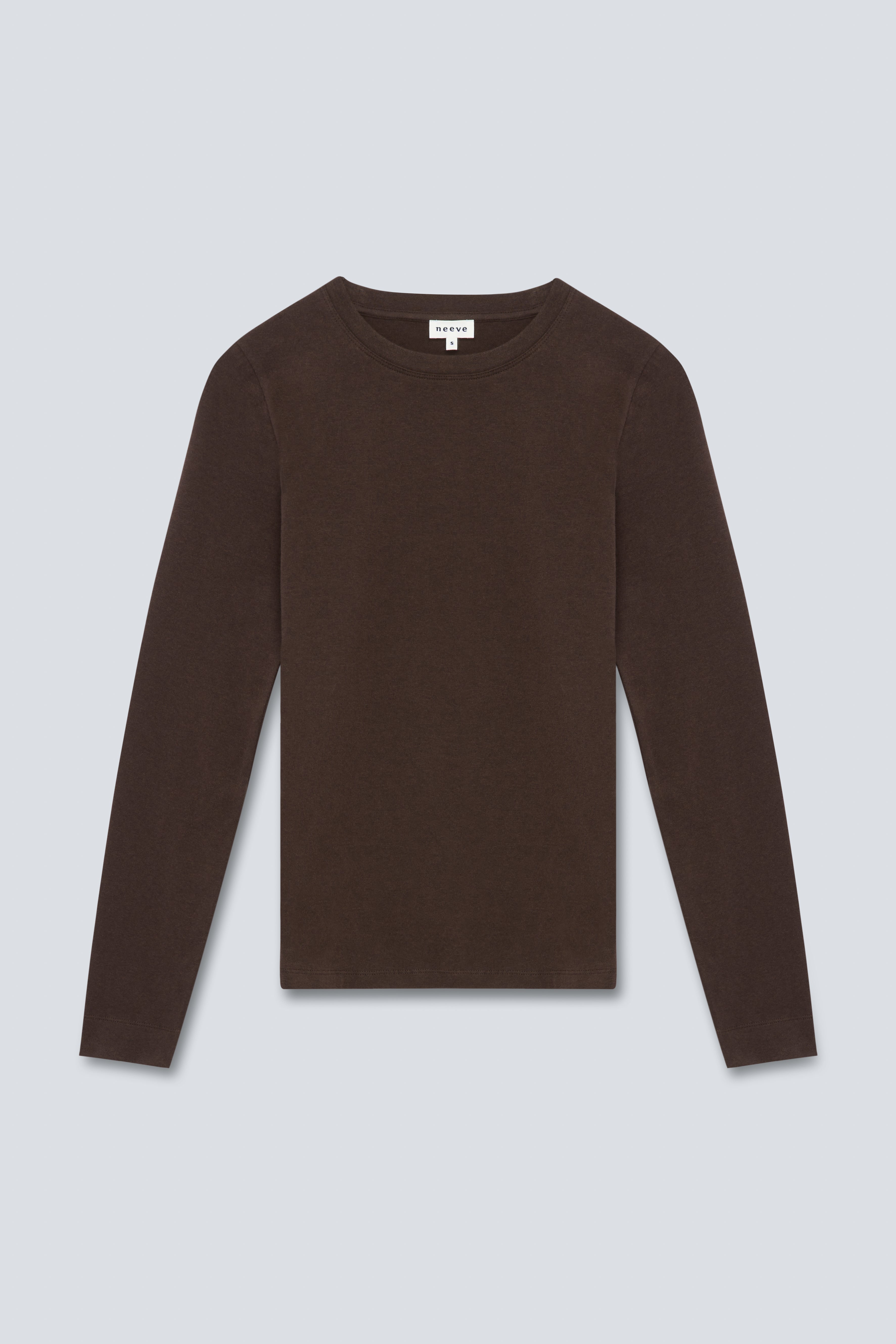 The Nora long sleeve in Chocolate Melange. Made from 95% organic cotton with 5% elastane. Front view. GOTS