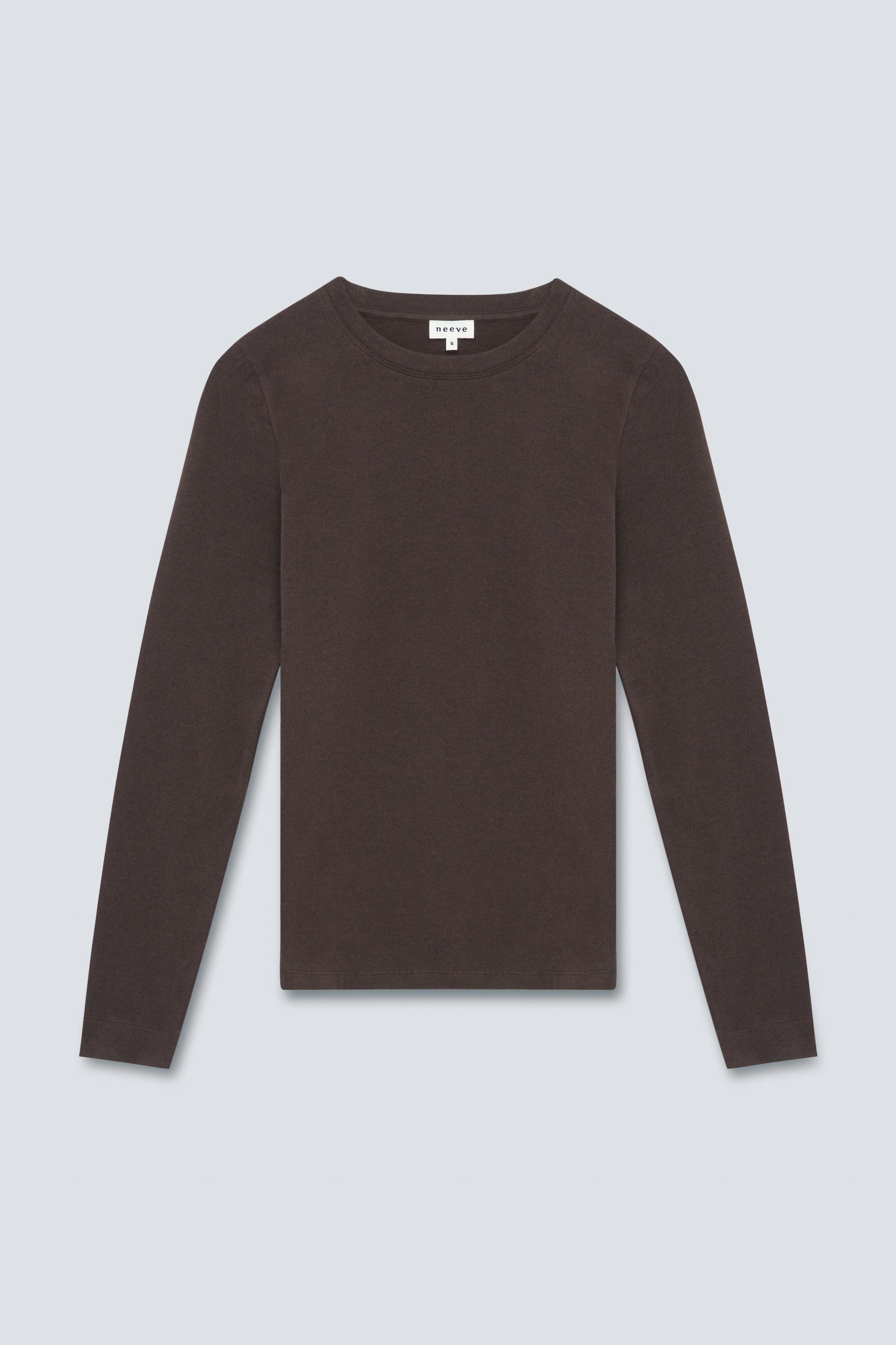 The Nora long sleeve in Chocolate Melange. Made from 95% organic cotton with 5% elastane. Front view.