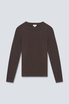 The Nora longsleeve in Chocolate Melange. Gemaakt van 95% biologisch katoen met 5% elastaan. Voorkant.