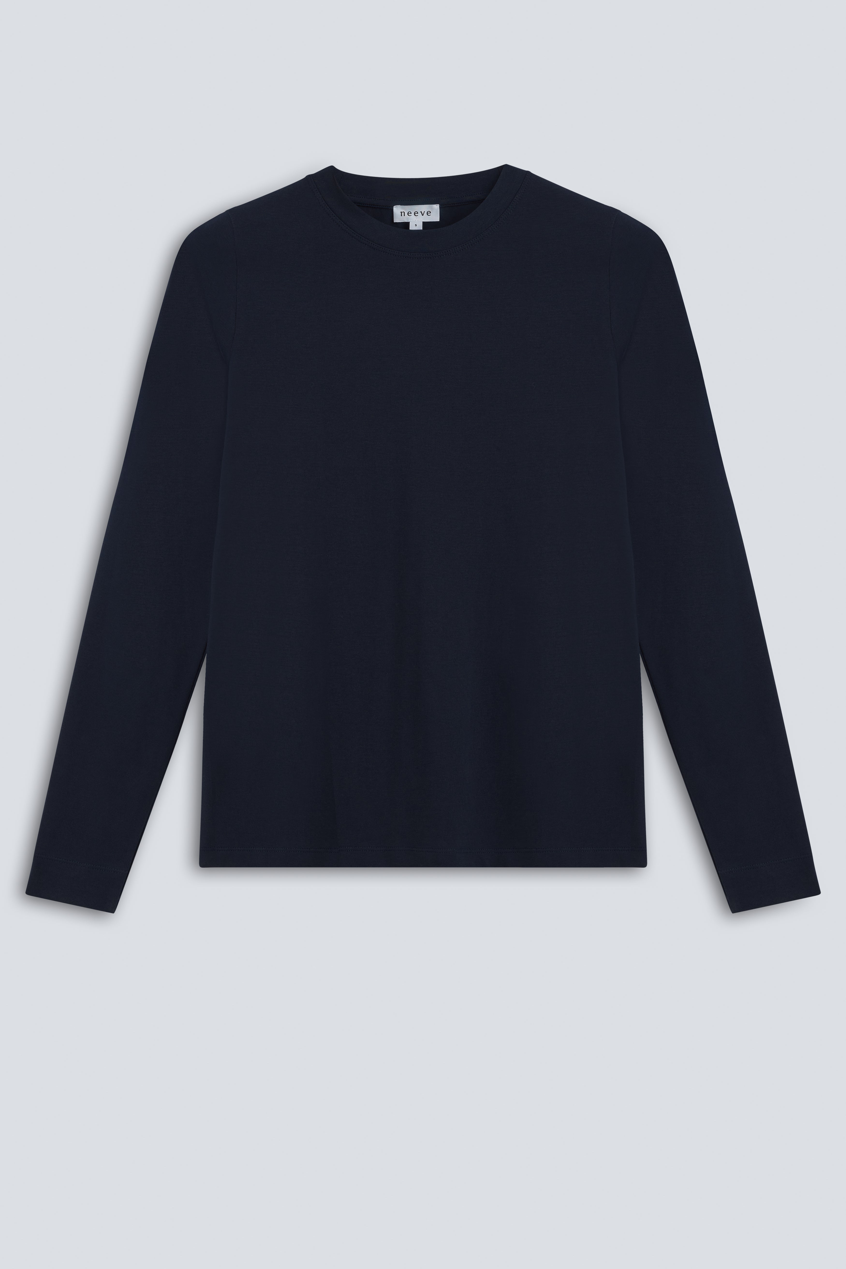 The Nora fitted long sleeve in navy detail view, 95% organic cotton 5% elastane made in Portugal