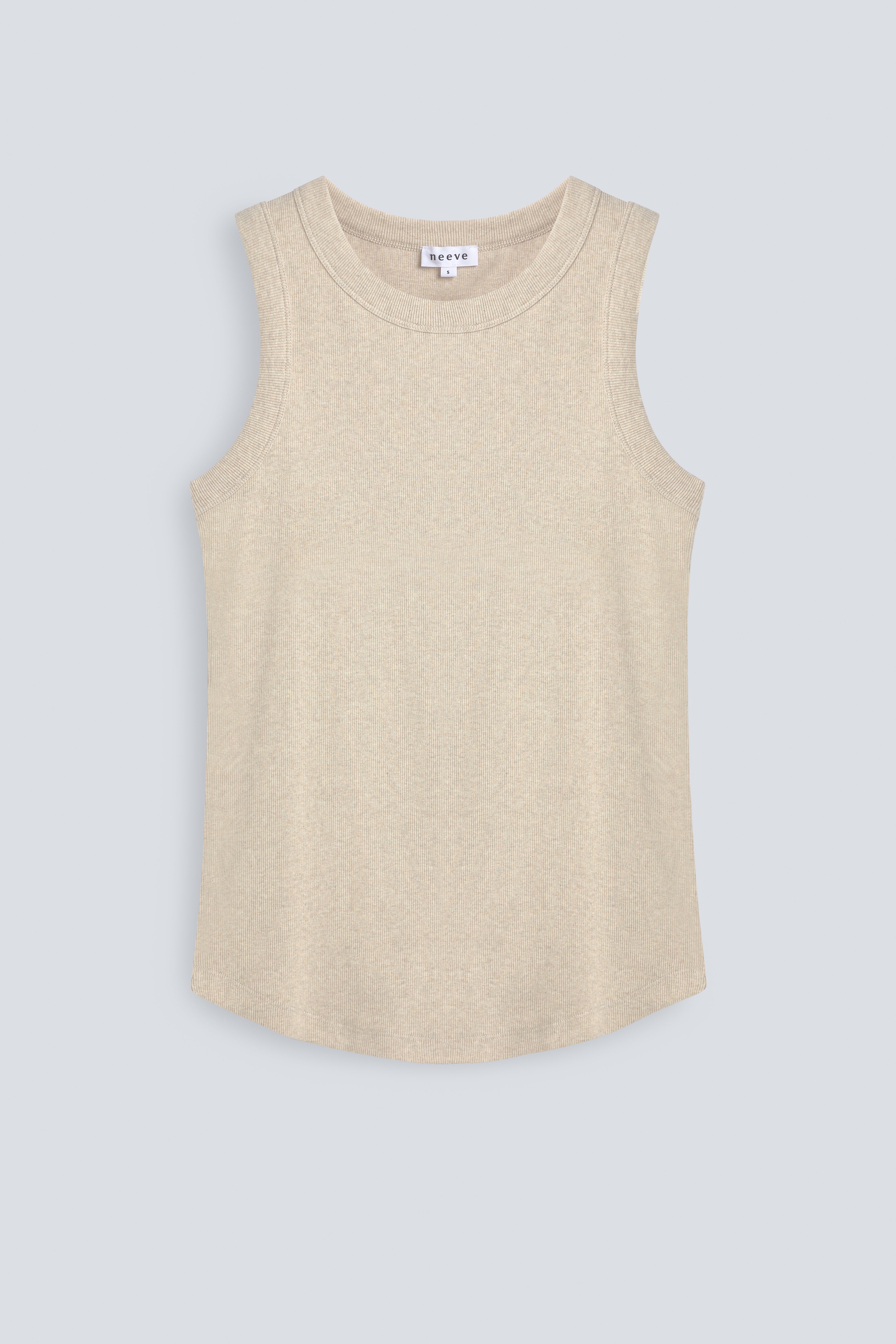 The Rania in Beige Melange. Front view. Ribbed tank made from 95% organic cotton with 5% elastane. GOTS, made in Portugal.  