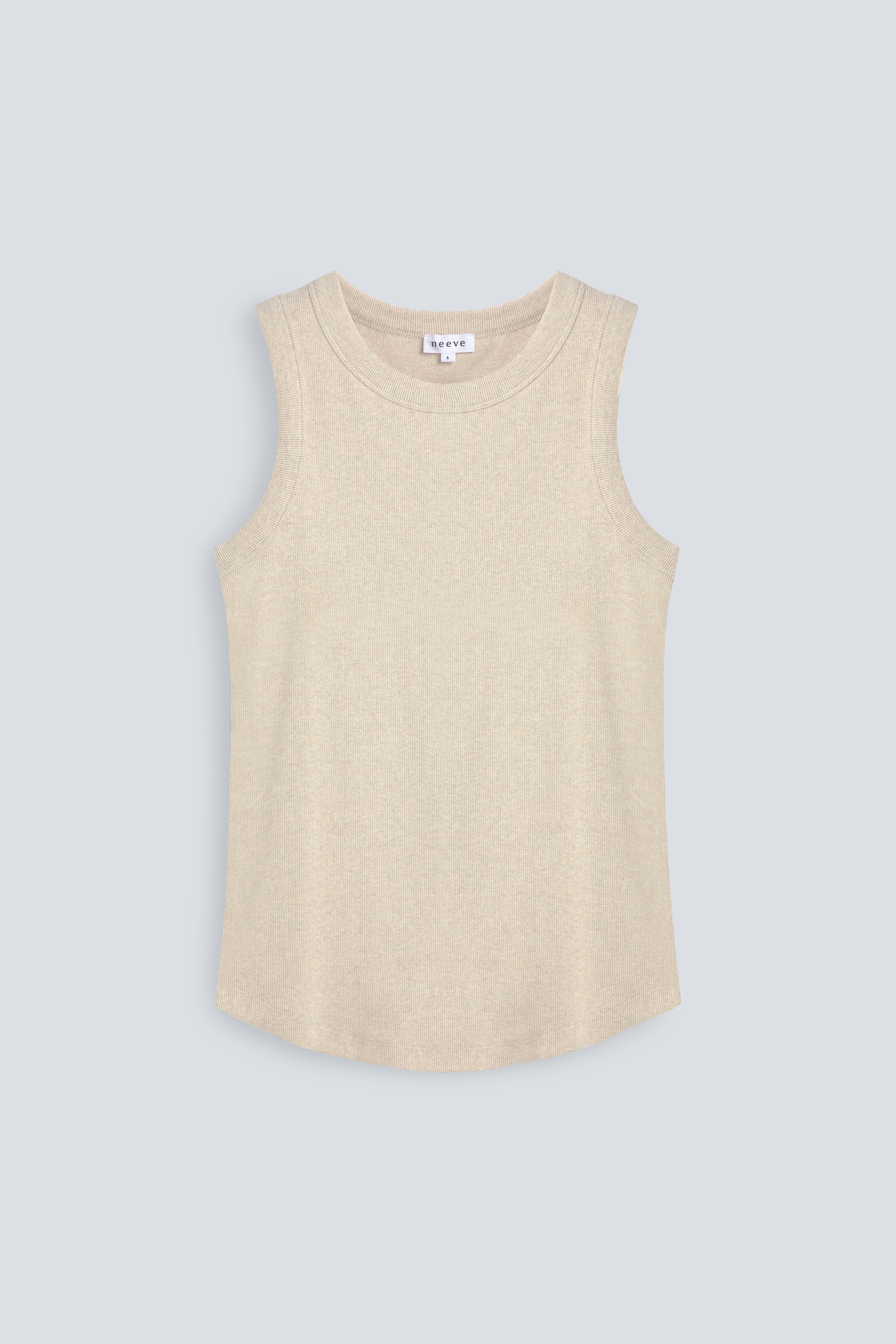 The Rania in Beige Melange. Ribbed tank made from 95% organic cotton with 5% elastane. Front view.