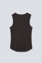 The Rania in Chocolate Melange. Geribde tanktop met hoge hals. 95% biologisch katoen met 5% elastaan. Achterkant.