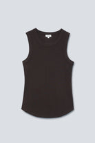 The Rania in Chocolate Melange. Geribde tanktop met hoge hals. 95% biologisch katoen met 5% elastaan. Voorkant.