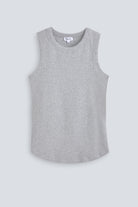 The Rania in Grey Melange. Front view. Ribbed tank made from 95% organic cotton with 5% elastane. GOTS, made in Portugal.  