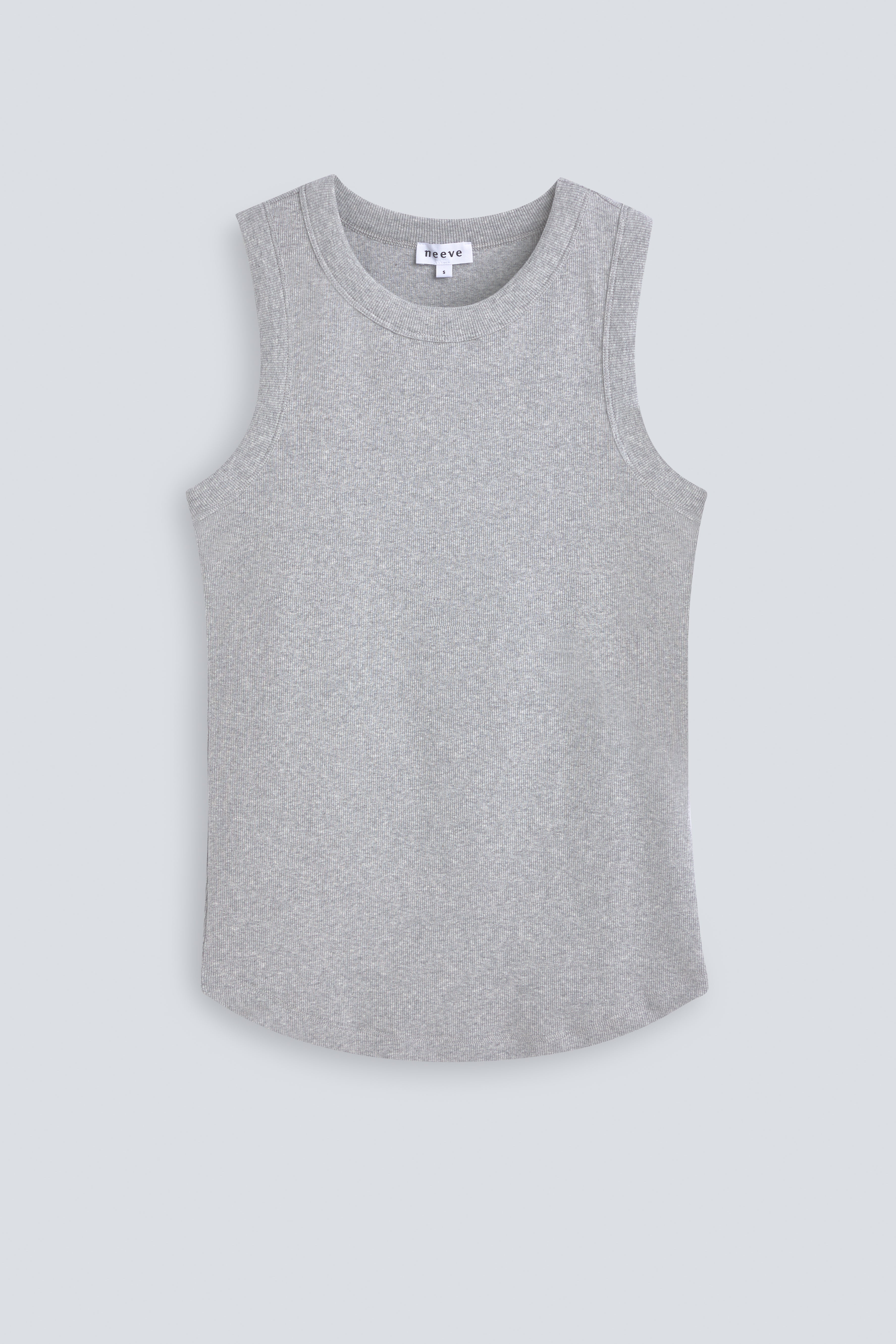 The Rania in Grey Melange. Front view. Ribbed tank made from 95% organic cotton with 5% elastane. GOTS, made in Portugal.  