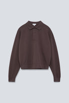The Remi in Plum. Polo long sleeve and a boxy shape.  Made from 100% organic cotton babyfleece. GOTS. Front view.