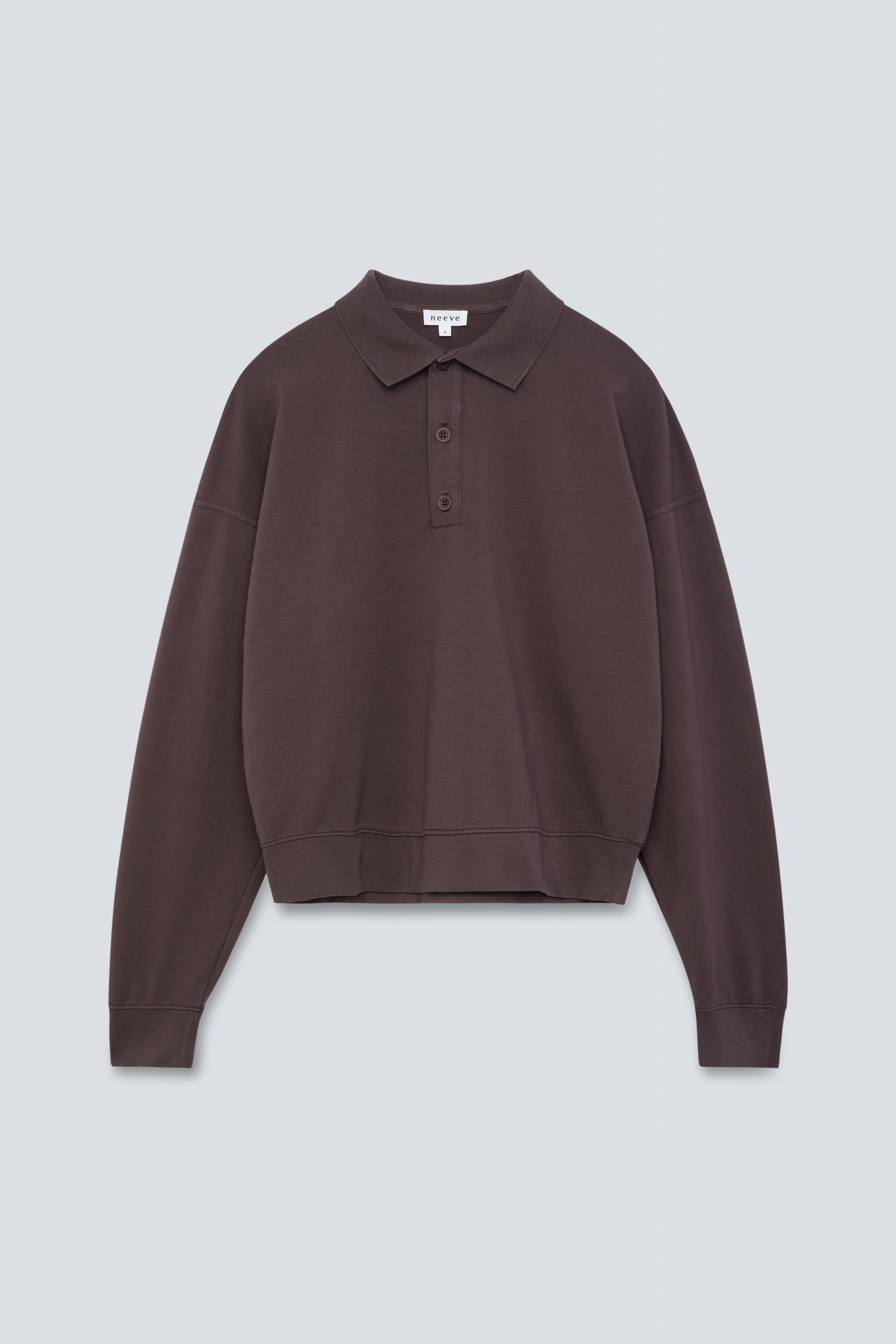 The Remi in Plum. Polo long sleeve and a boxy shape.  Made from 100% organic cotton babyfleece. GOTS. Front view.