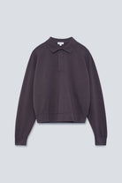 The Remi in Plum. Polo long sleeve with a boxy shape. Made from 100% organic cotton babyfleece. Front view.