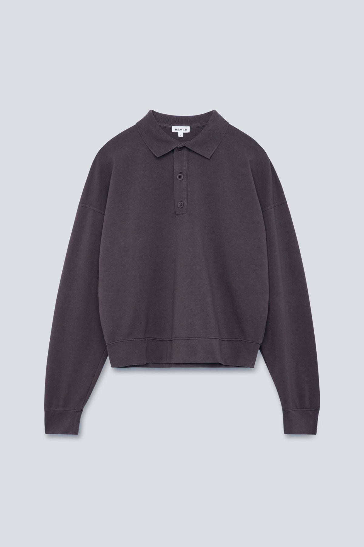 The Remi in Plum. Polo long sleeve with a boxy shape. Made from 100% organic cotton babyfleece. Front view.