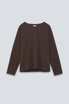 The Rose in Chocolate Melange. An oversized long sleeve that wears like a sweater, but lighter. 95% organic cotton with 5% elastane. GOTS. Front view. 