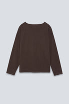 The Rose in Chocolate Melange. An oversized long sleeve that wears like a sweater, but lighter. 95% organic cotton with 5% elastane. GOTS. Back view. 