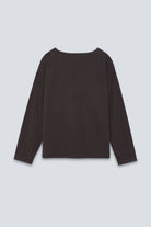 The Rose in Chocolate Melange. An oversized long sleeve that wears like a sweater, but lighter. 95% organic cotton with 5% elastane. Back view.