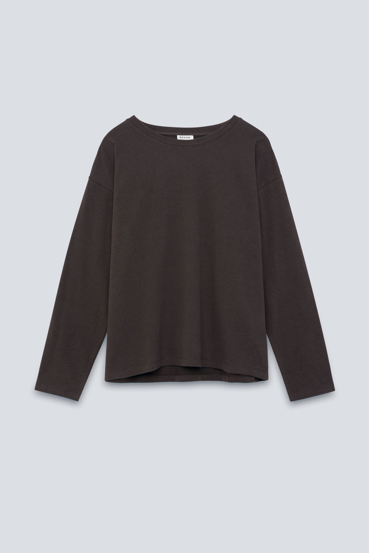 The Rose in Chocolate Melange. An oversized long sleeve that wears like a sweater, but lighter. 95% organic cotton with 5% elastane. Front view.