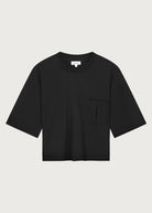 The Tess dropped shoulder tee in essential black front view, 180g organic cotton made in Portugal