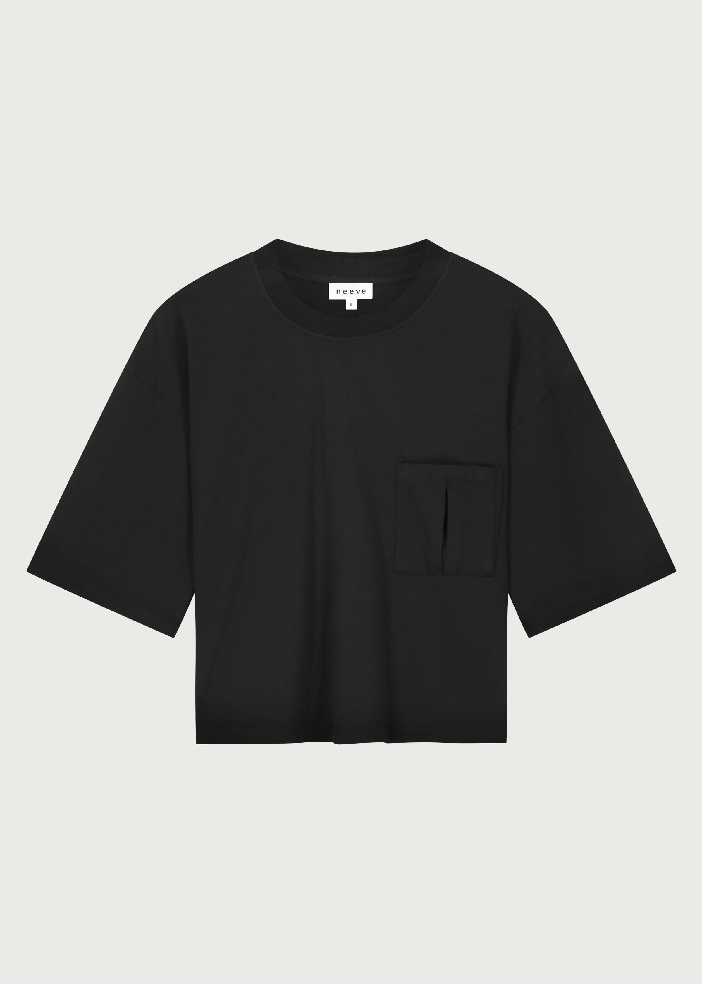 The Tess dropped shoulder tee in essential black front view, 180g organic cotton made in Portugal