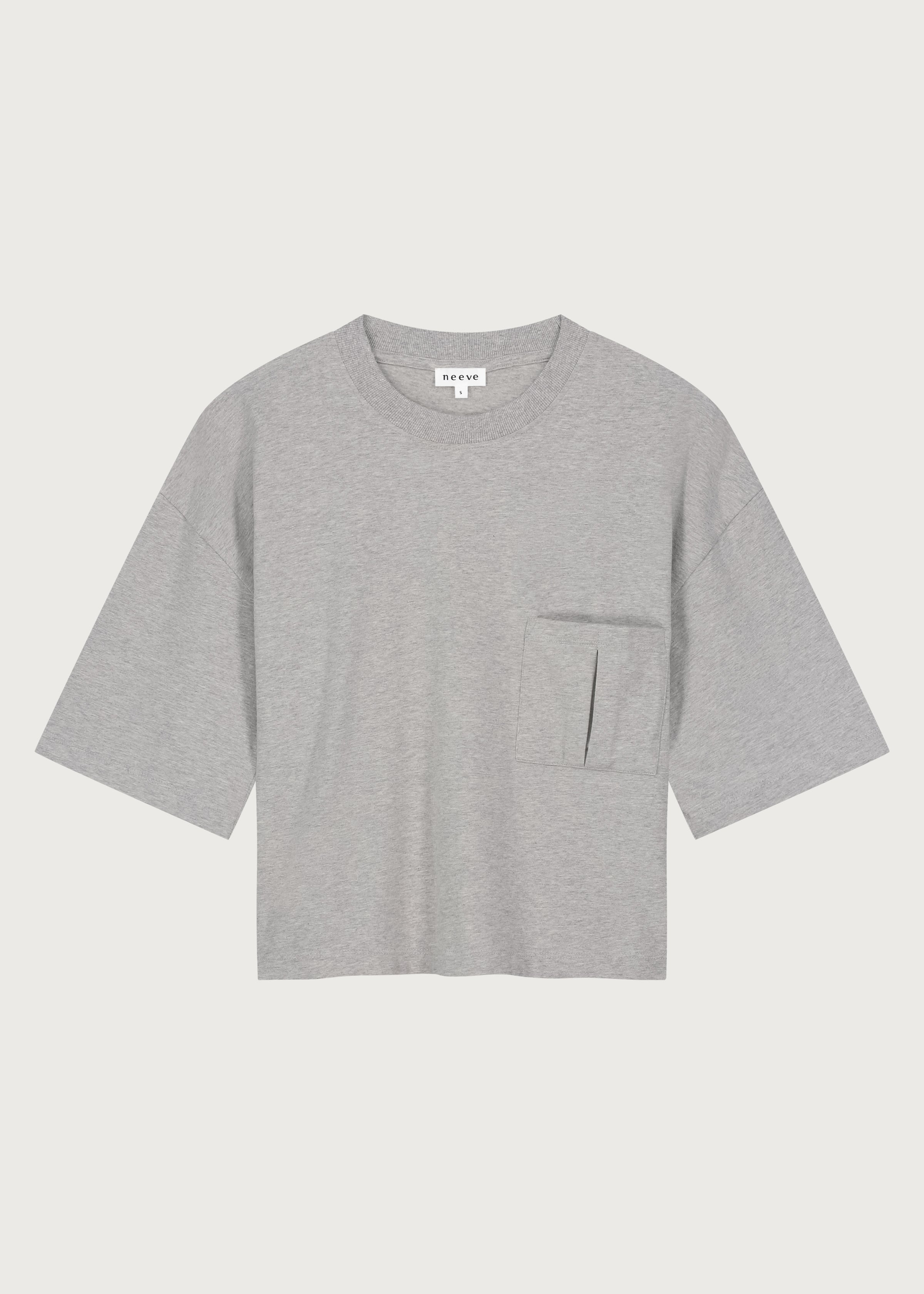 The Tess dropped shoulder tee in grey melange front view, pocket, 180g organic cotton