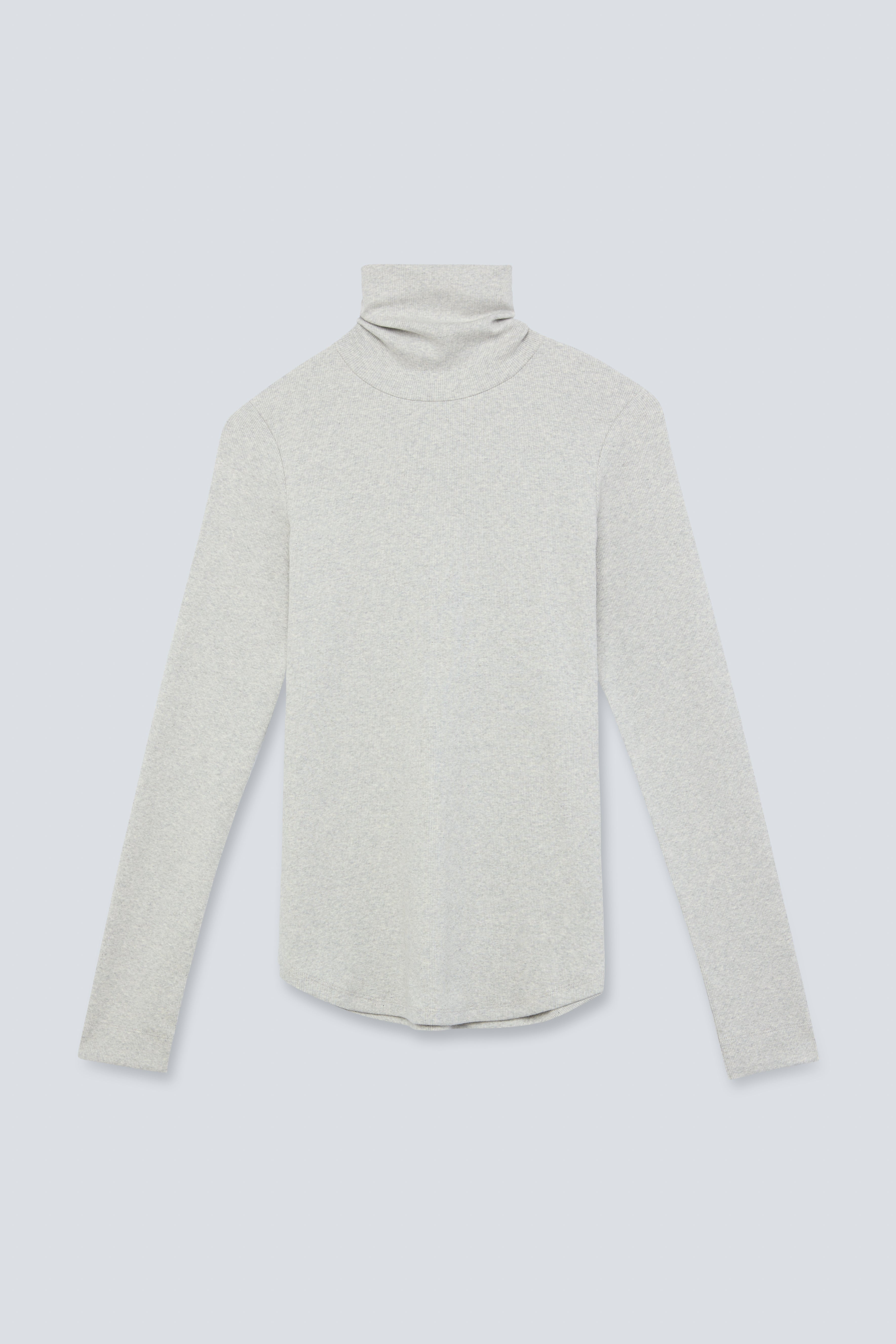 The Theresa in Grey Melange. Ribbed Turtleneck. 95% organic cotton with 5% elastane. GOTS. Front view. 