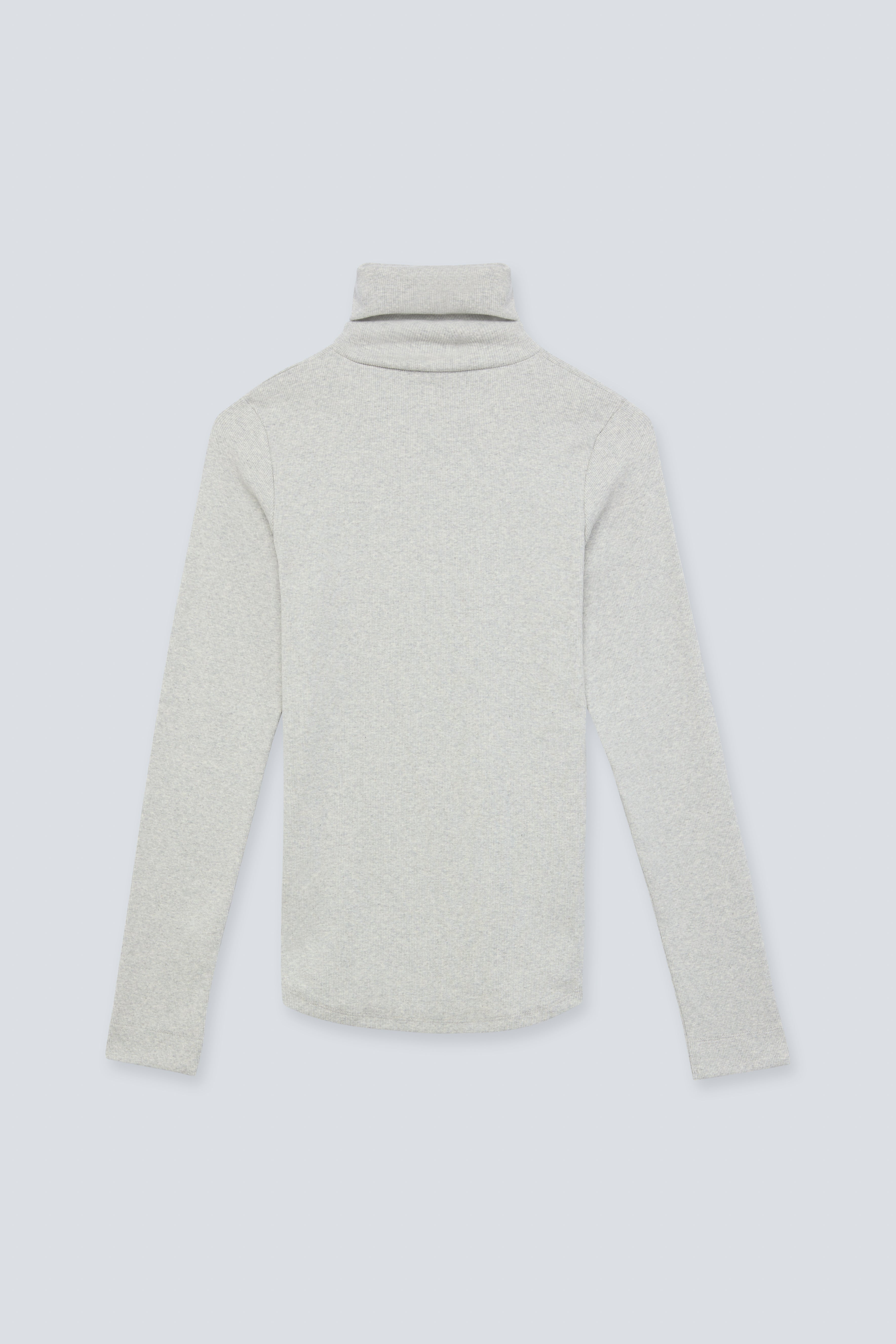 The Theresa in Grey Melange. Ribbed Turtleneck. 95% organic cotton with 5% elastane. GOTS. Back view. 