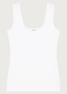 The Uma top in off-white on model, 95% organic cotton 5% elastane
