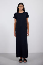The Wren in Essential Black. 
95% Micromodal with 5% elastane. 
Shown on model. Front view. 